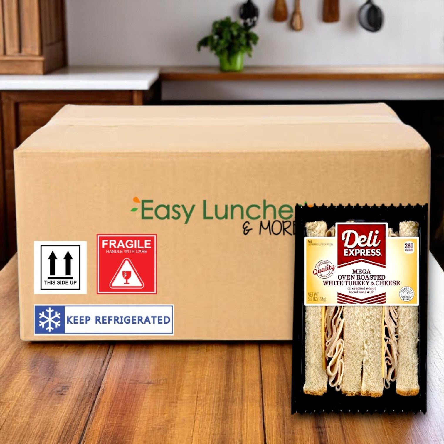 A cardboard shipping box labeled "Easy Lunches & More" sits on a kitchen counter, featuring an E.A. Sween Deli Express Mega Hickory Smoked Turkey & Cheese Sandwich Wedge—5.8 oz, individually wrapped for freshness, with refrigeration warning labels on the box.
