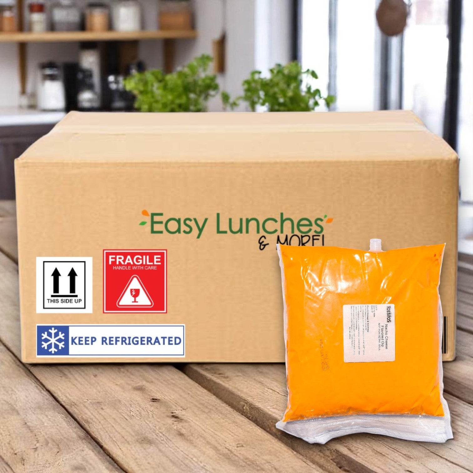 A cardboard box labeled "Easy Lunches & More" sits beside a sealed pouch of orange food, marked for catering and refrigeration, ideal for serving Tostitos® Nacho Cheese Sauce – 140 oz Bags (Pack of 4) from Tostitos.