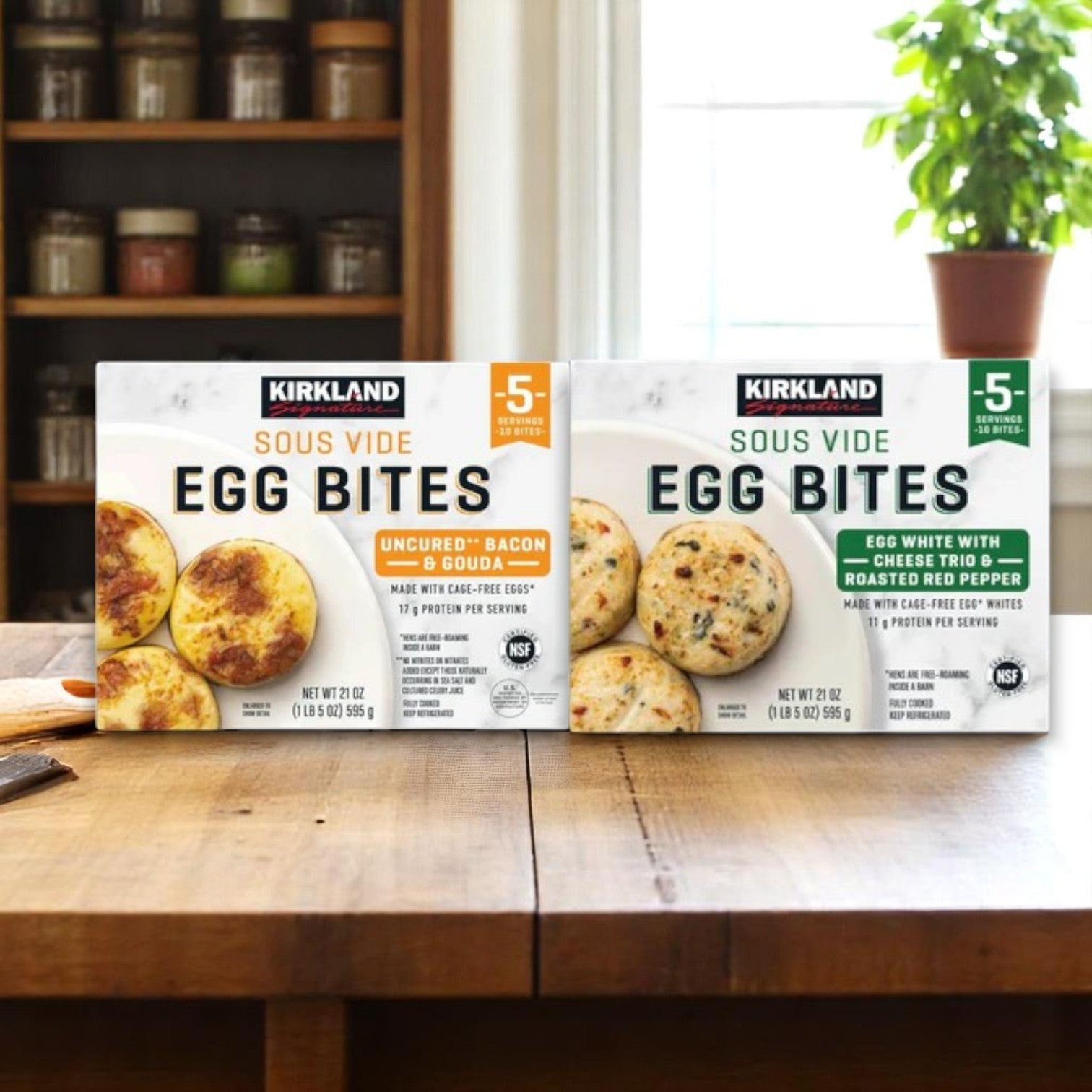 A Kirkland Signature Egg Bite Bundle – 20 Count, featuring two varieties, is displayed on a wooden table indoors.