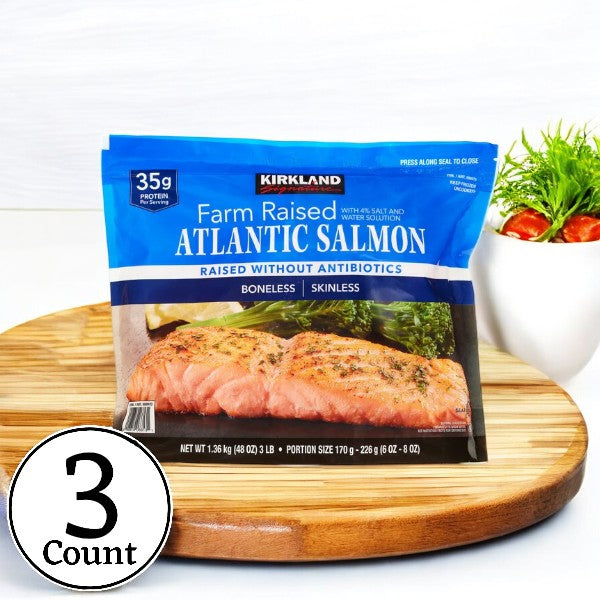 Kirkland Signature Farmed Atlantic Salmon 6 oz 8 oz Center Cut Portion 3 lbs 3 Bags 9 Pounds Total