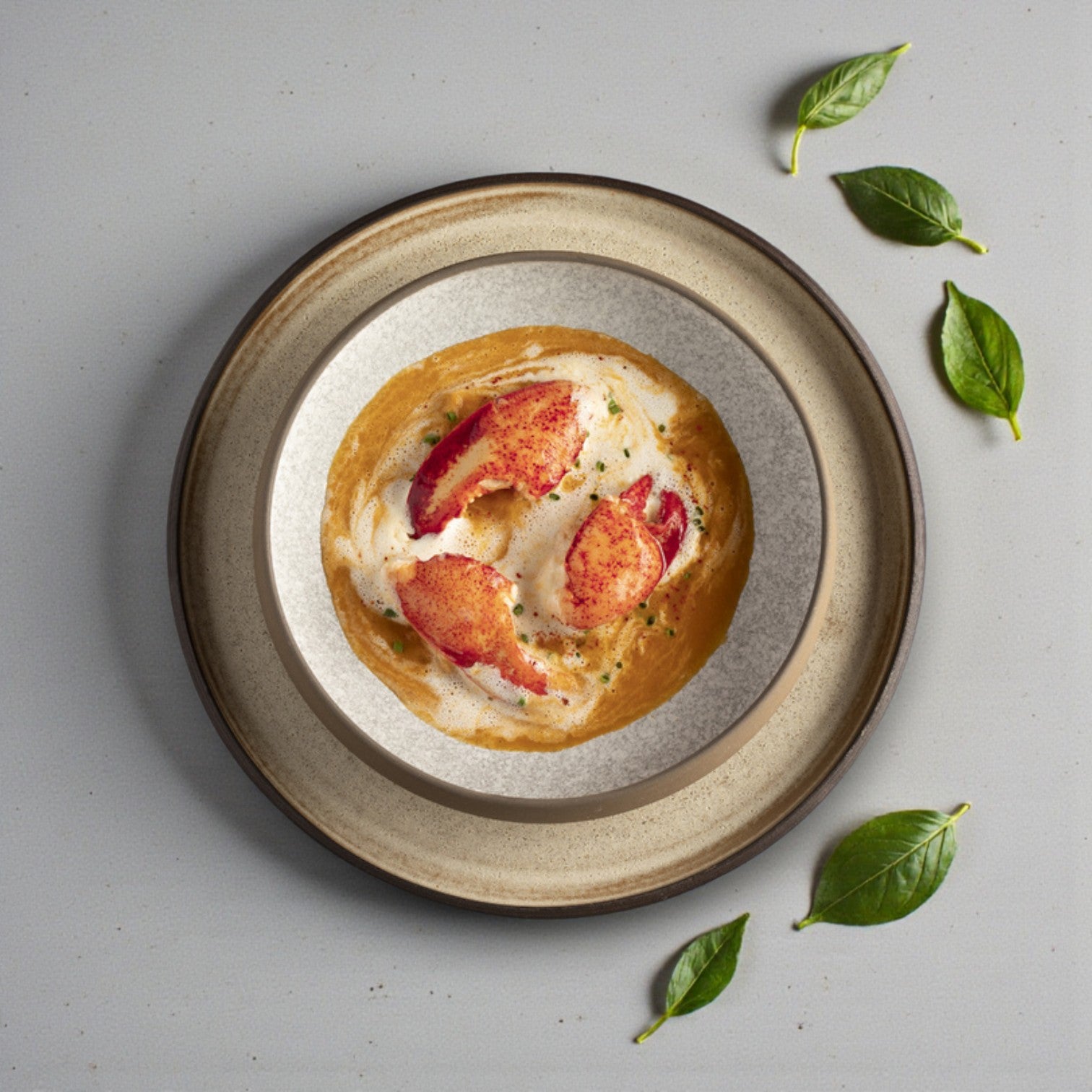 A bowl of lobster bisque garnished with Easy Lunches Maine Lobster Meat – Claw & Knuckle, 2 lbs., and herbs sits on a stacked plate, accented with basil leaves on a light gray surface.