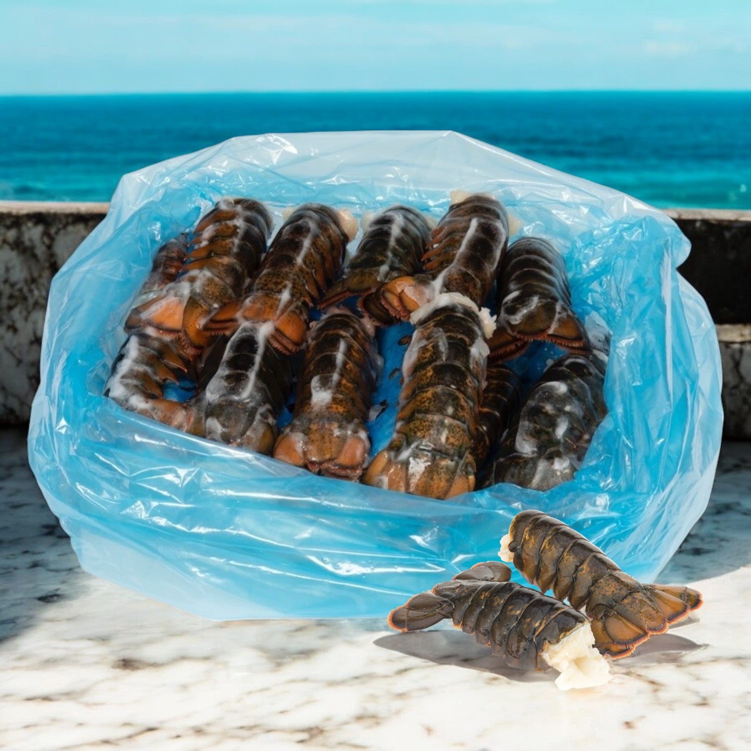 A Sysco Lobster Tail North Atlantic Premium 6-7 Ounce - 10 Pounds bag sits on marble by the ocean, with two premium lobster tails displayed in front.