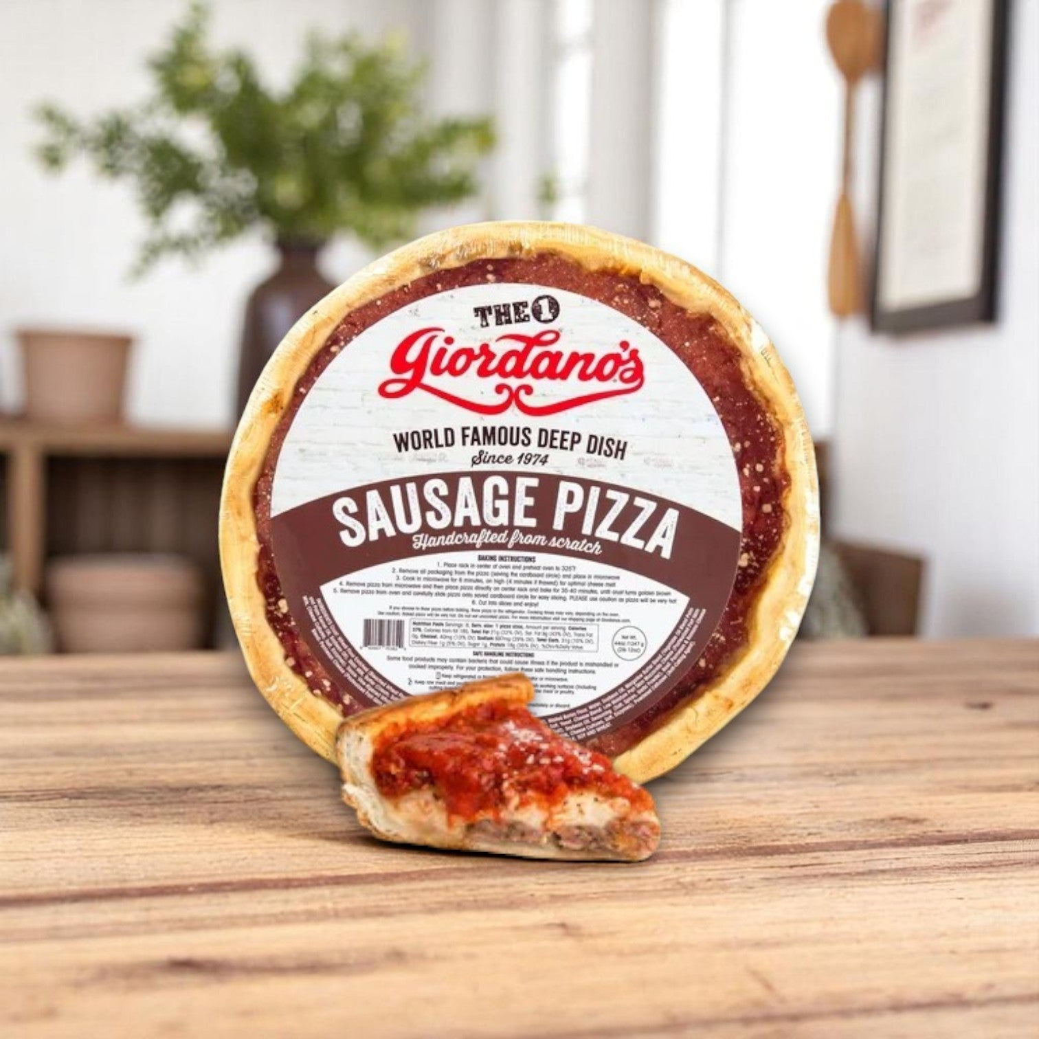 A Chicago’s Deep Dish Duo with a Kick! pizza from Chicago's Best – Iconic Eats from the Windy City sits on a wooden table, with one slice in front and a blurred kitchen background.