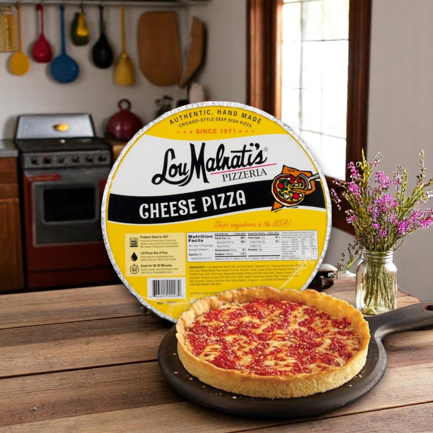 Chicago’s Deep Dish Duo with a Kick! from Chicago's Best – Iconic Eats from the Windy City sits on a kitchen table beside its packaging and flowers, highlighting classic deep dish pizza style with a stove and utensils in the background.