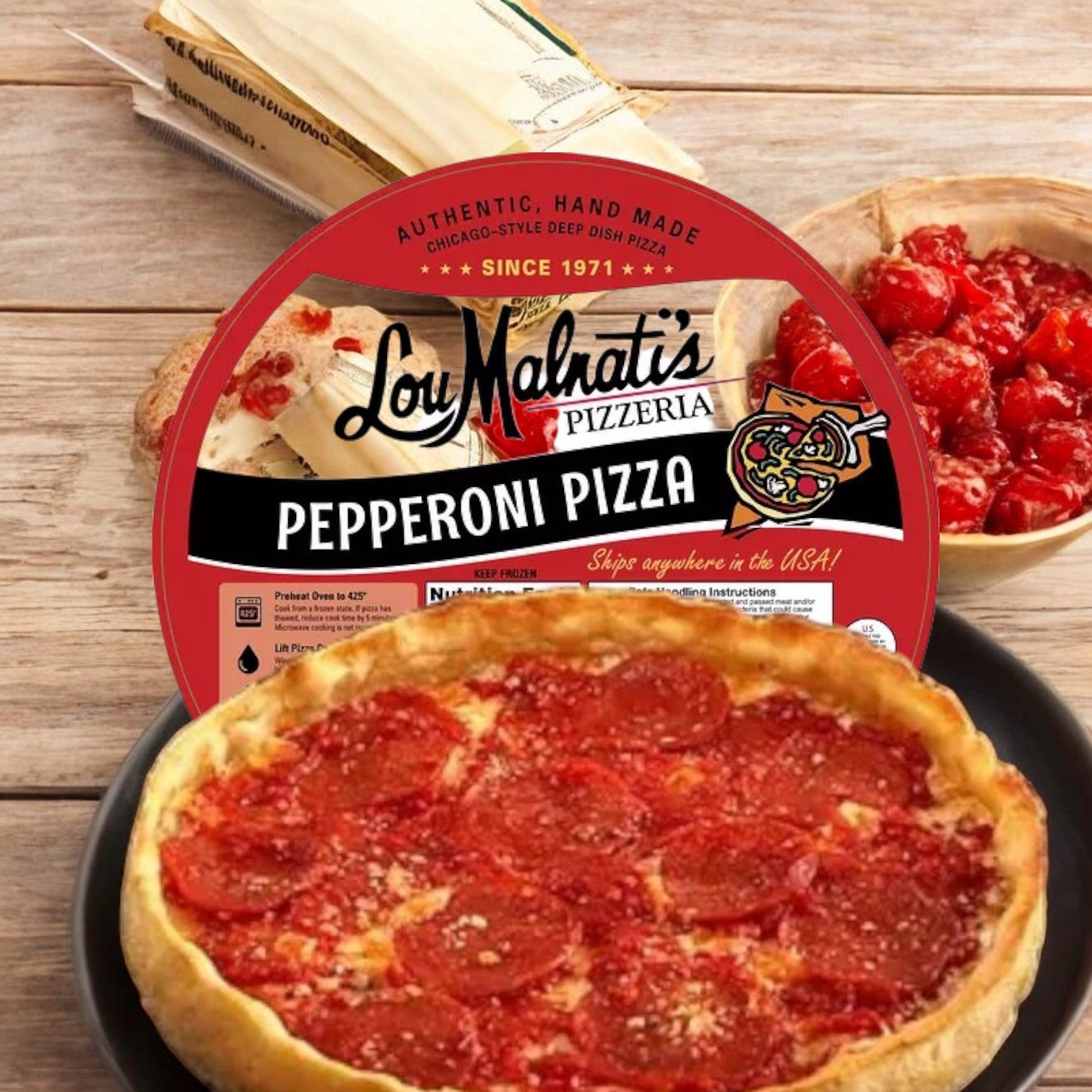 Eli's Cheesecake offers the Variety Pack! 2 Pizzas And A Cheesecake Sampler! Perfect for a Chicago-style feast, it features frozen deep-dish pepperoni pizzas with extra toppings in a bowl, set on a wooden table.
