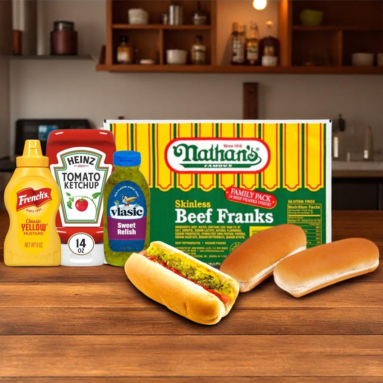 Enjoy the Nathan’s Famous Hot Dog Kit – Ultimate Backyard BBQ Bundle (25-Pack Combo) by Nathan's Famous, featuring everything you need for a classic Coney Island hot dog experience at home.