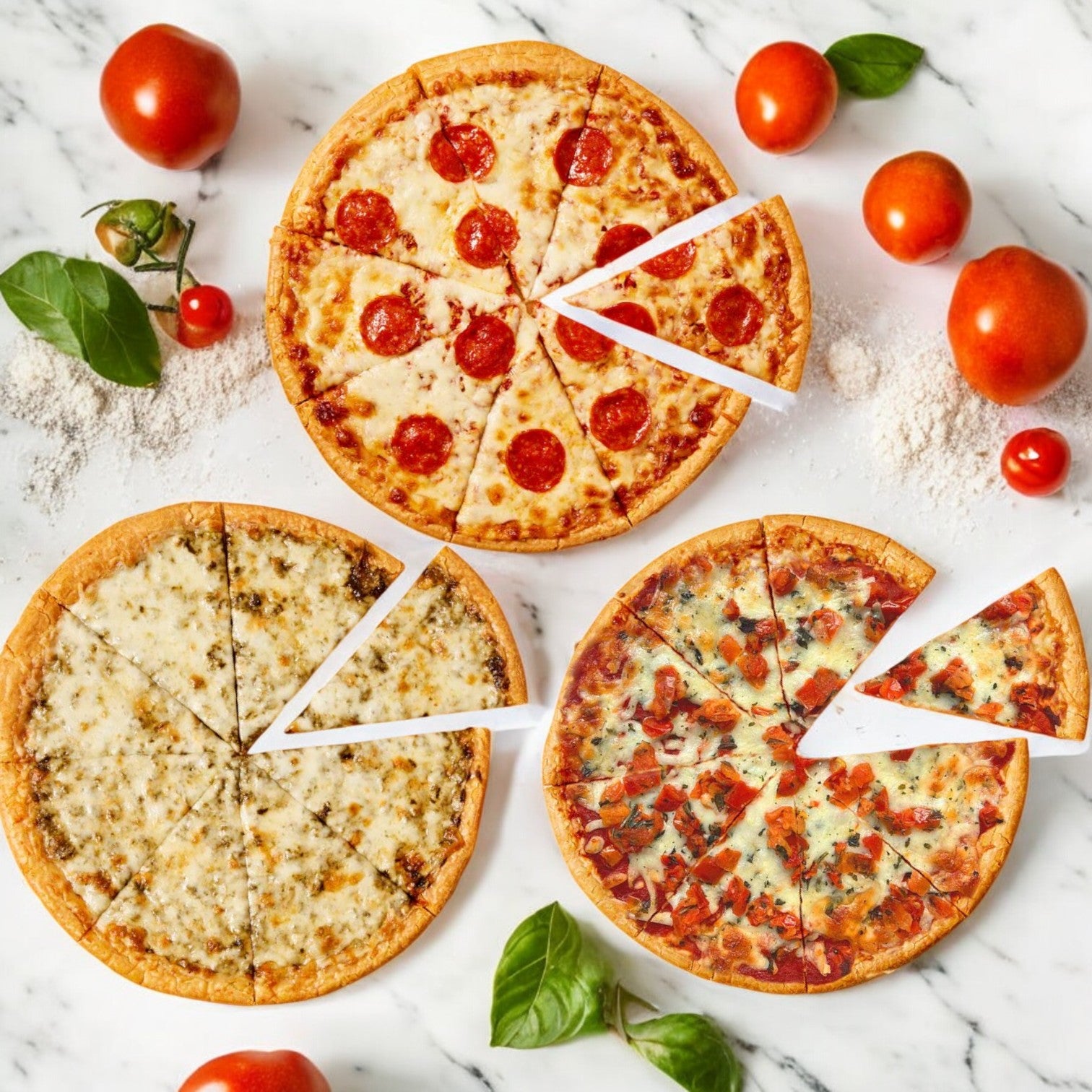 Three gourmet pizzas on marble, with a slice removed from each. Tomatoes, basil leaves, and flour surround them. Savor the Against the Grain Gourmet Pizza 3-Pack Combo—gluten-free perfection in every bite.