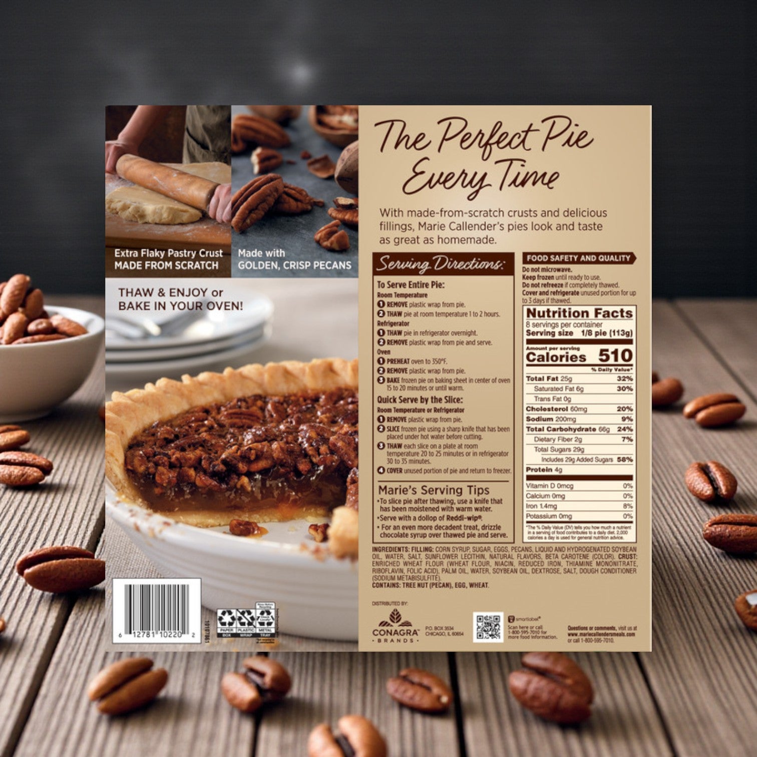 The back of the Marie Callender's Southern Pecan Pie – Frozen Dessert, 32 oz box features a baked pecan pie, rolling pin, pecans, serving directions, nutrition facts, and suggestions—ideal as a classic treat from Marie Callender's.