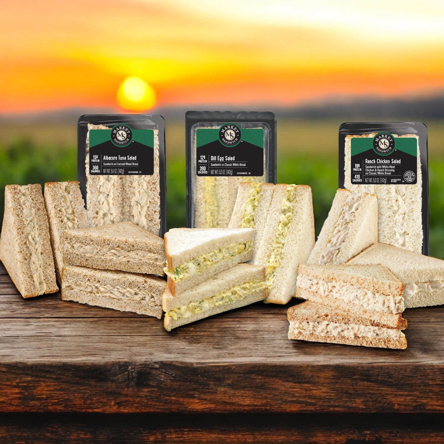 E.A. Sween’s Deli Salad Variety Pack features 3 Chicken Salad Sandwiches, 3 Dill Egg Salads, and 3 Albacore Tuna Salad Sandwiches—9 total items—perfectly displayed for a fresh deli experience.