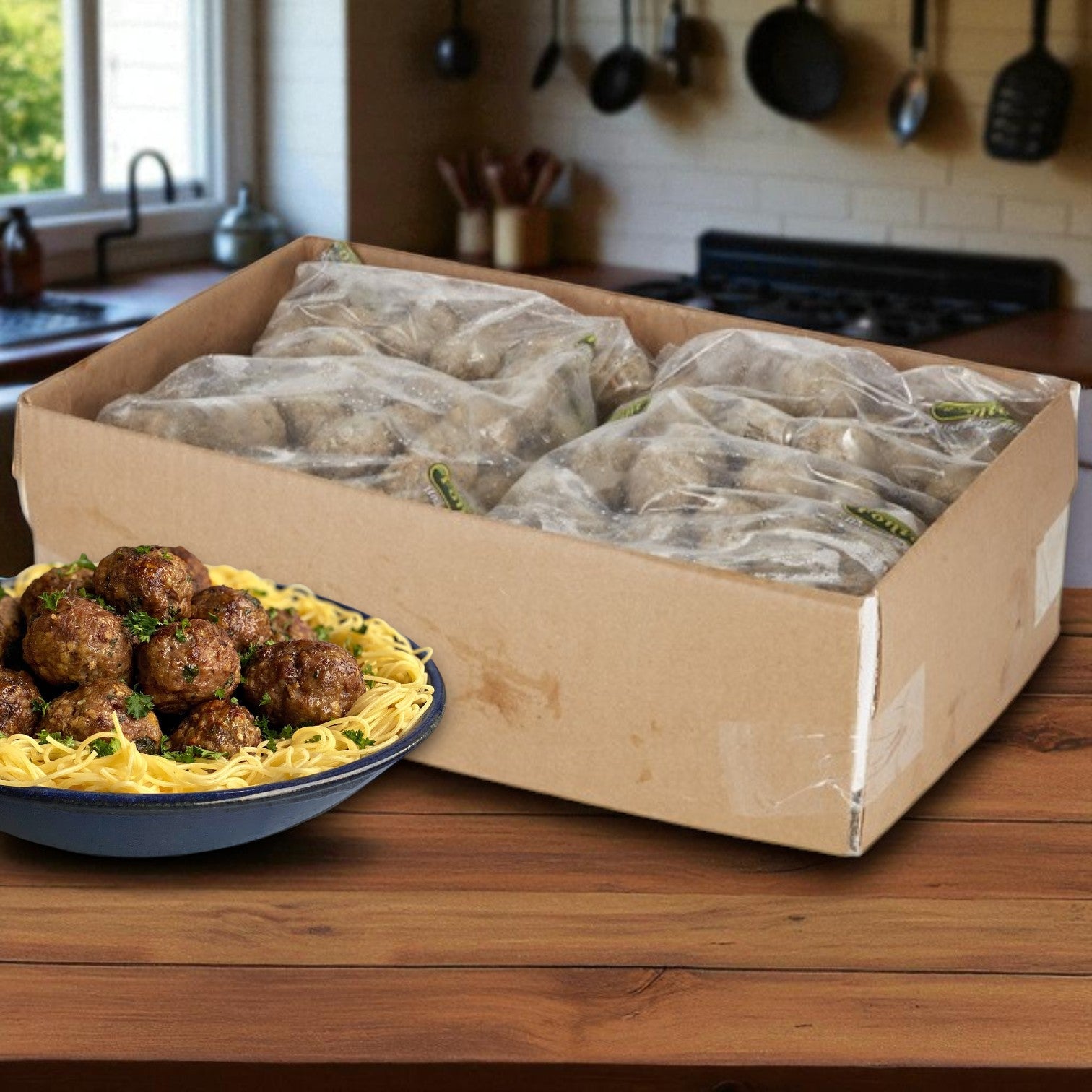 A large box of Sysco Fontanini Meatball Italian Beef Pork Fully Cooked 1 Ounce 2/5 LB sits on a kitchen counter next to a plate of cooked spaghetti and meatballs.