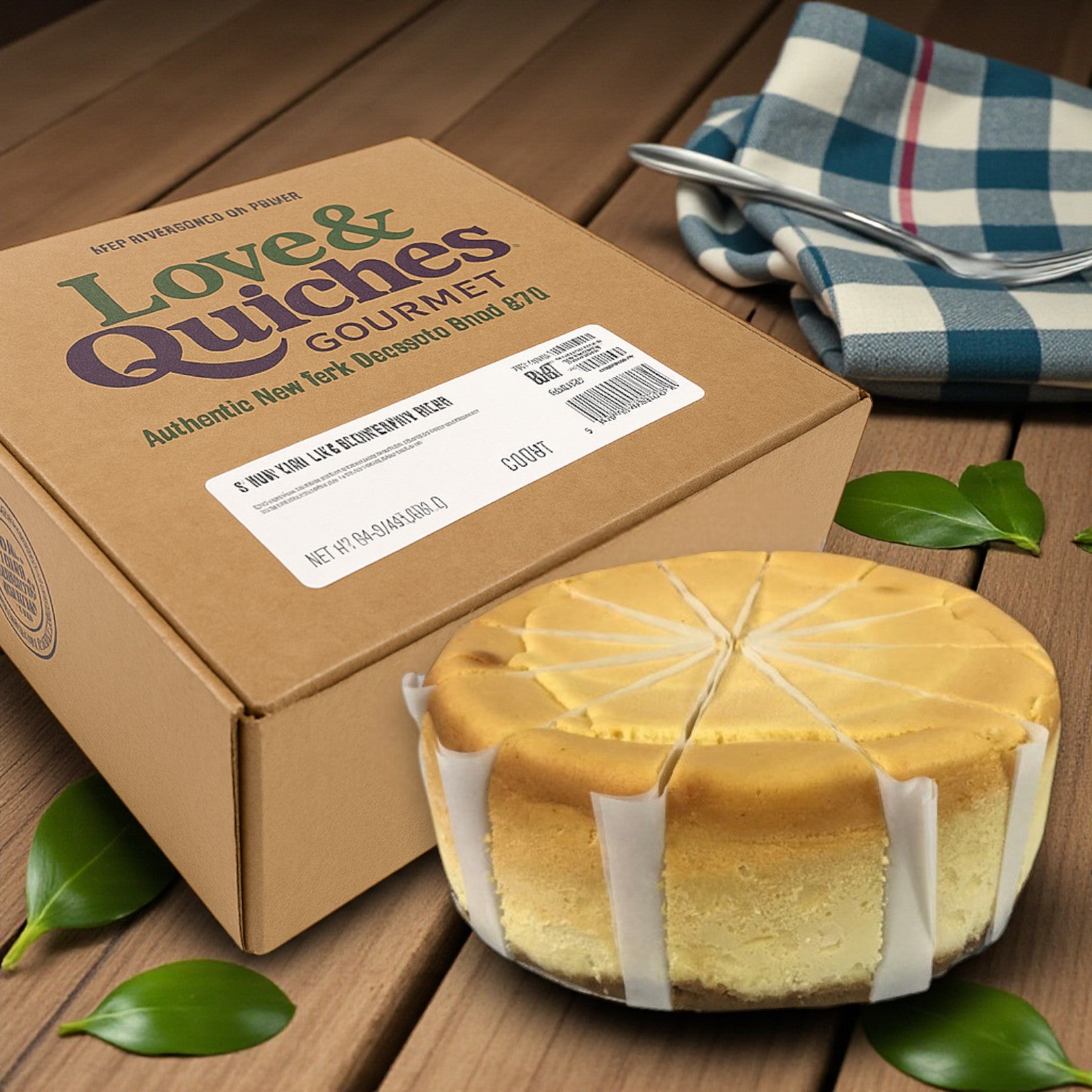A boxed Love & Quiches Desserts Cheesecake – Plain Sky High, 12", pre-cut, sits on a table beside an unwrapped cheesecake with a cloth napkin, fork, and green leaves.