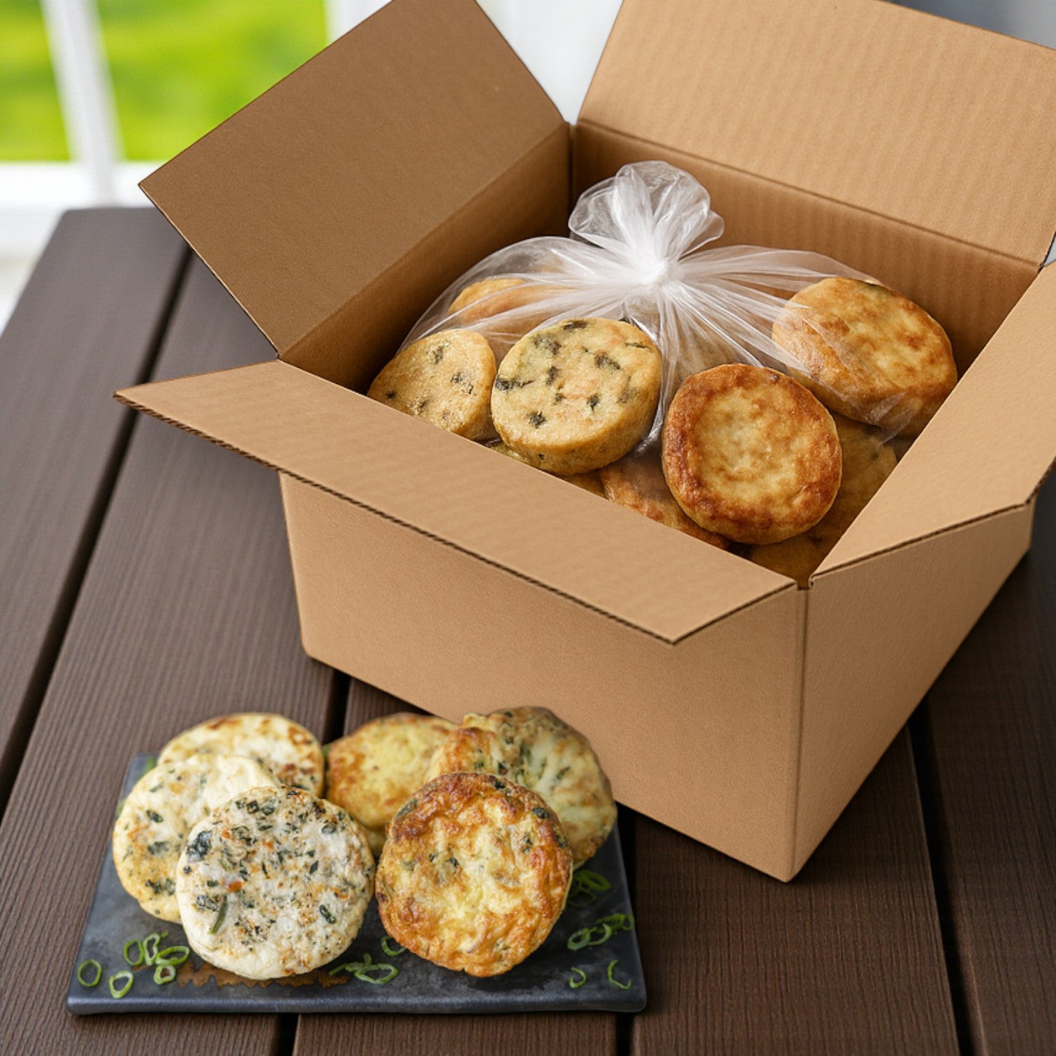 A box of Sysco's Wholesome Farms Imperial Egg Frittata with Swiss Cheese, Bacon & Spinach (24/3.5 oz) sits on a table, ideal for breakfast catering and served alongside similar savory baked goods.
