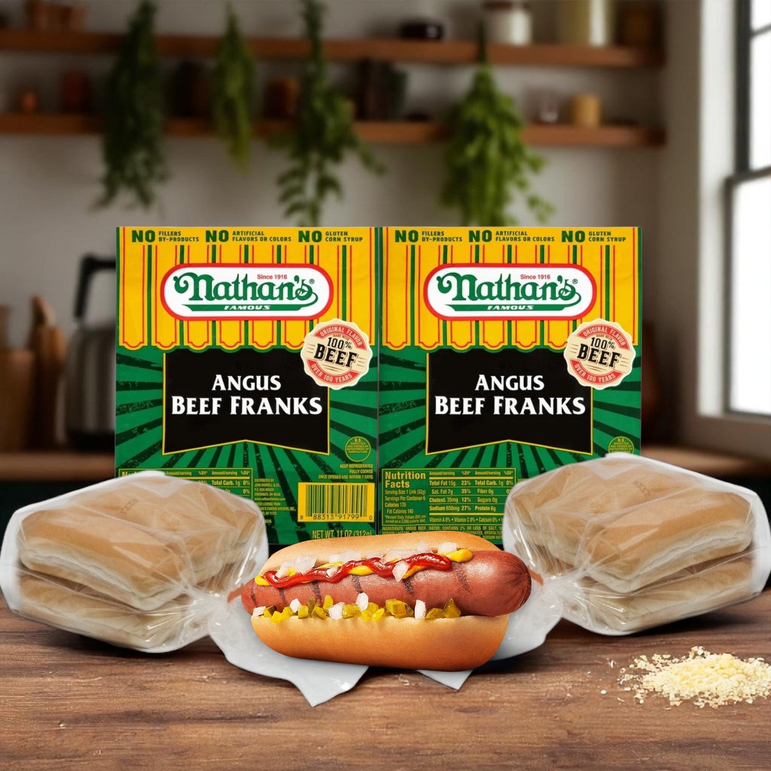 A Nathan’s Famous Angus Beef Franks & Baker’s Source Classic Hot Dog Buns 4 Pack Combo (12 servings) is displayed on the counter, with a classic hot dog topped with ketchup, mustard, relish, and onions.