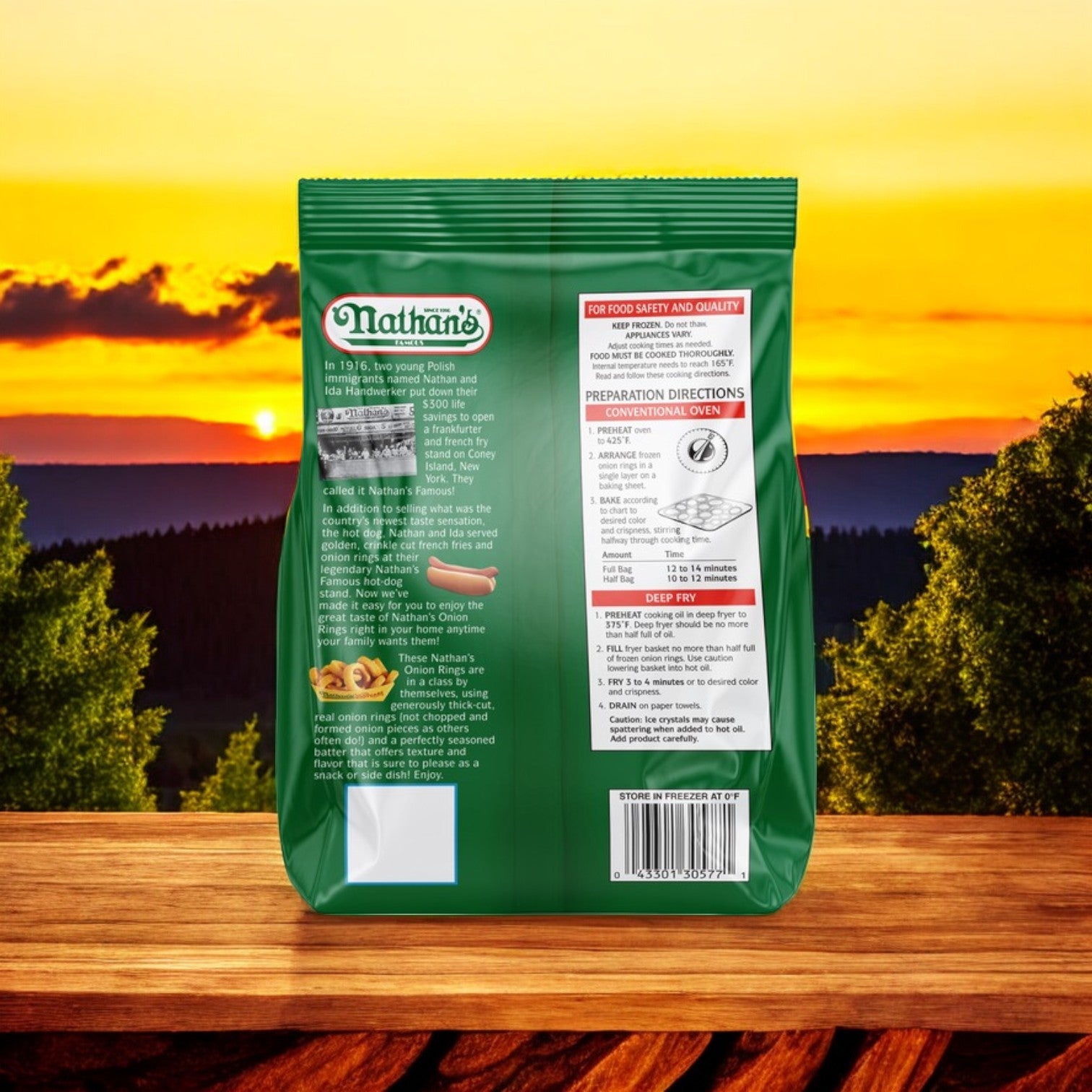 Back of a green Nathan's Famous Thick-Sliced Battered Onion Rings package (3 bags, 16 oz each) with prep directions and safety info, set outdoors at sunset. Highlights crispy batter and thick-sliced onion rings.