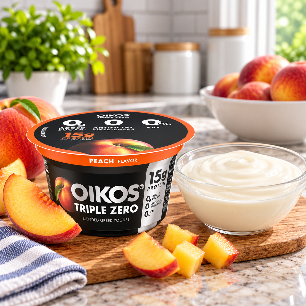 Oikos Triple Zero Peach Nonfat Greek Yogurt – 12 × 5.3 oz Cups 1 case
