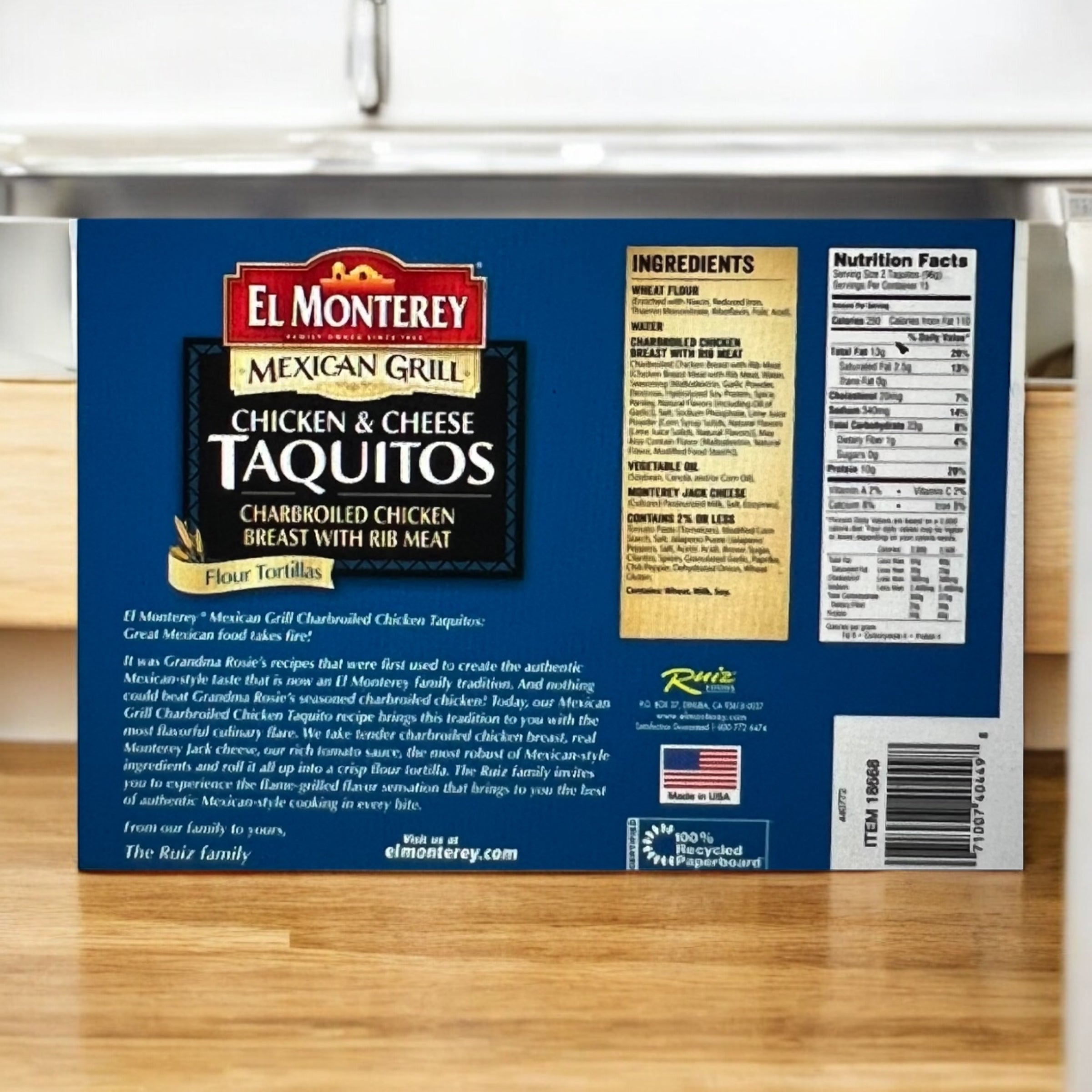 Box of El Monterey Mexican Grill Taquitos, Chicken & Cheese – 30 Count (51 oz) 1 Pack, with nutrition facts, ingredients, and brand details on the back—ideal for fans of authentic Mexican taquitos.