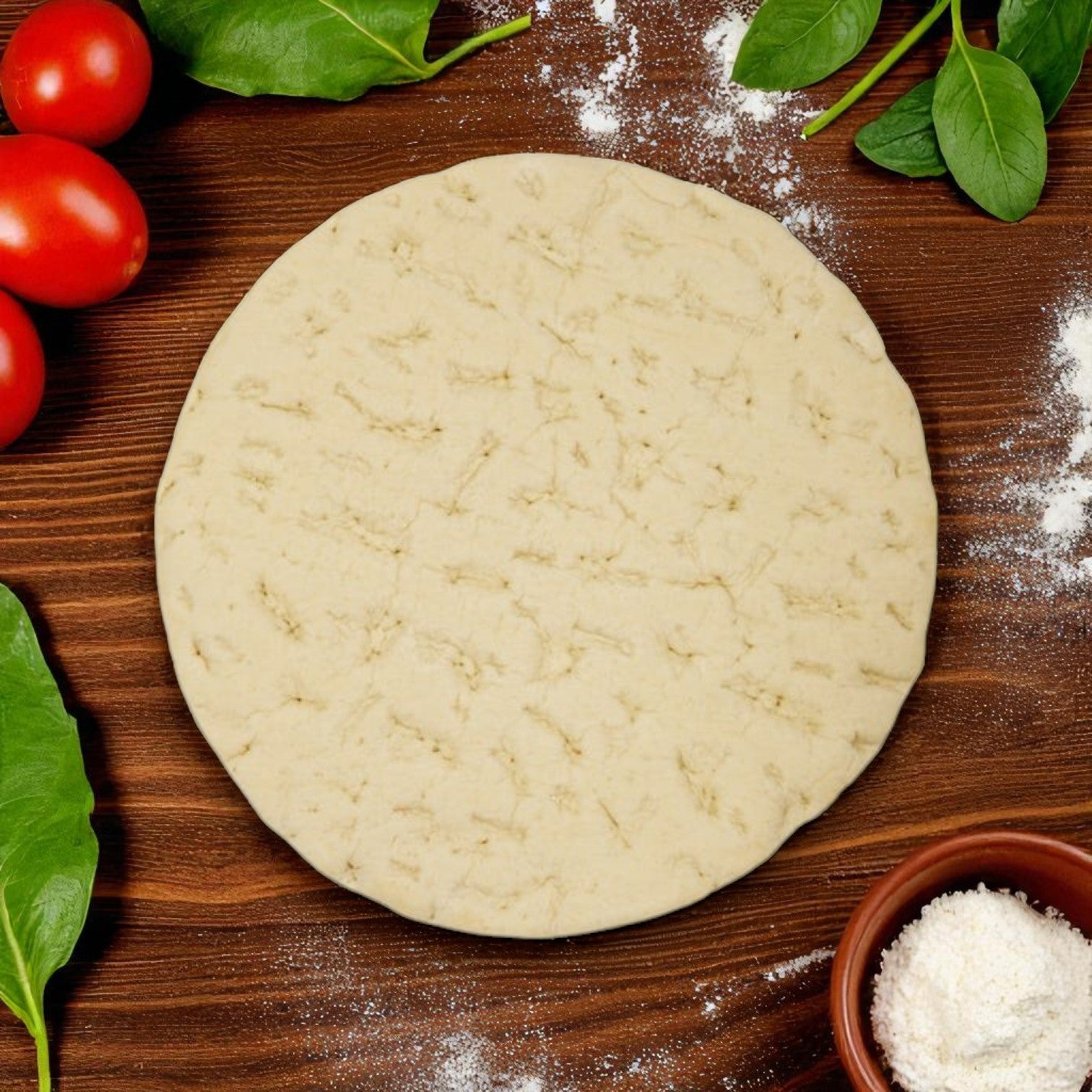 On a wooden surface, round pizza dough is surrounded by spinach, cherry tomatoes, flour, and cheese—ideal for tasty pies with Sysco Fontanini Rustic Parbaked Pizza Crust, 16" size (24 oz each, 12 count).