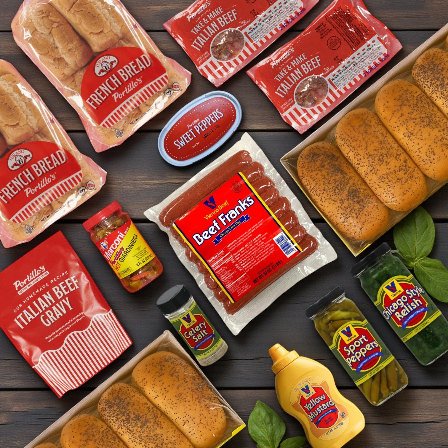 Easy Lunches’ Portillo's 16 Italian Beef Combo & Vienna 16 Pack Hot Dog Kit includes bread, sausages, peppers, relish, mustard, and seasonings—everything you need for classic Chicago-style beef and hot dogs. Perfect for parties!.