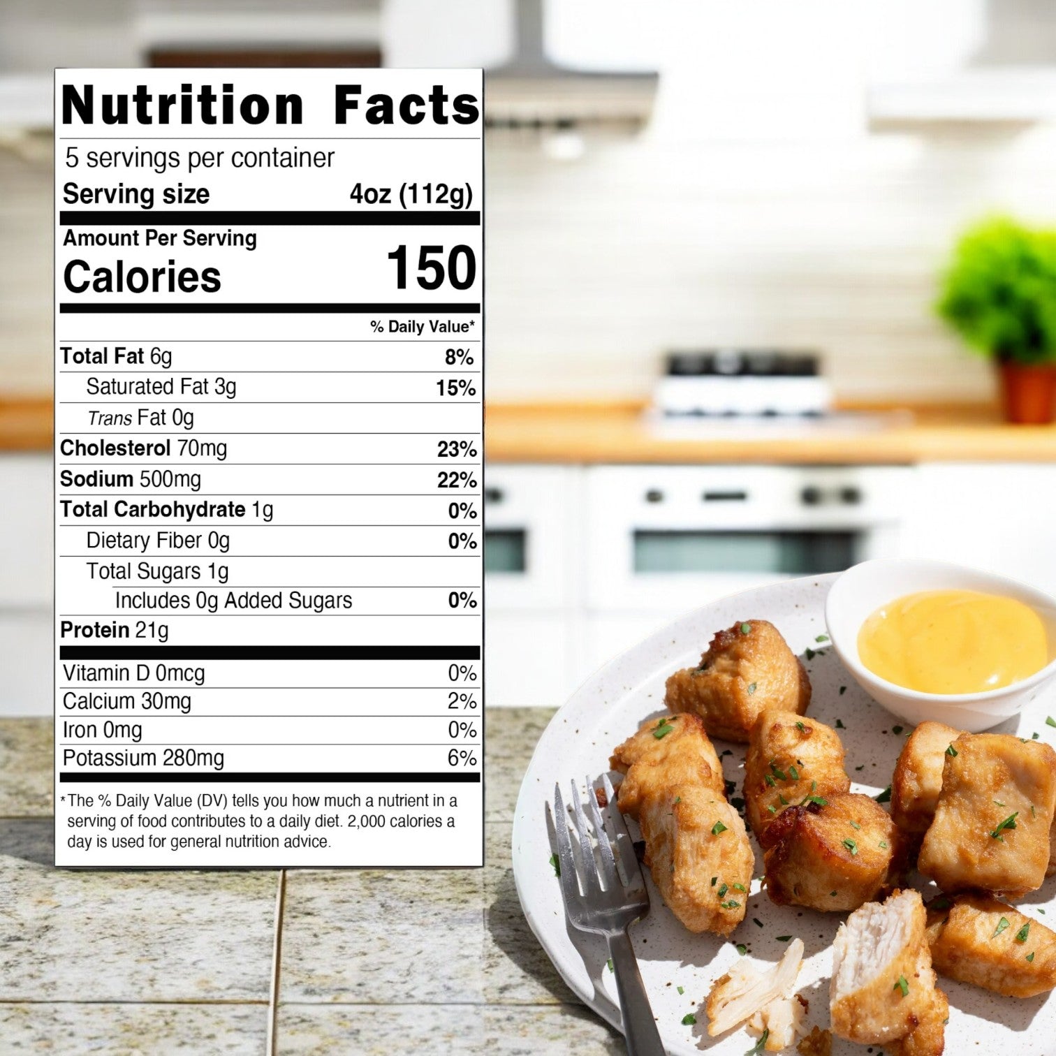 A nutrition label beside a plate of Real Good Foods' Lightly Buttered Chicken Breast Nuggets, 4oz serving, shows 150 calories and 21g protein, highlighting its keto-friendly benefits.