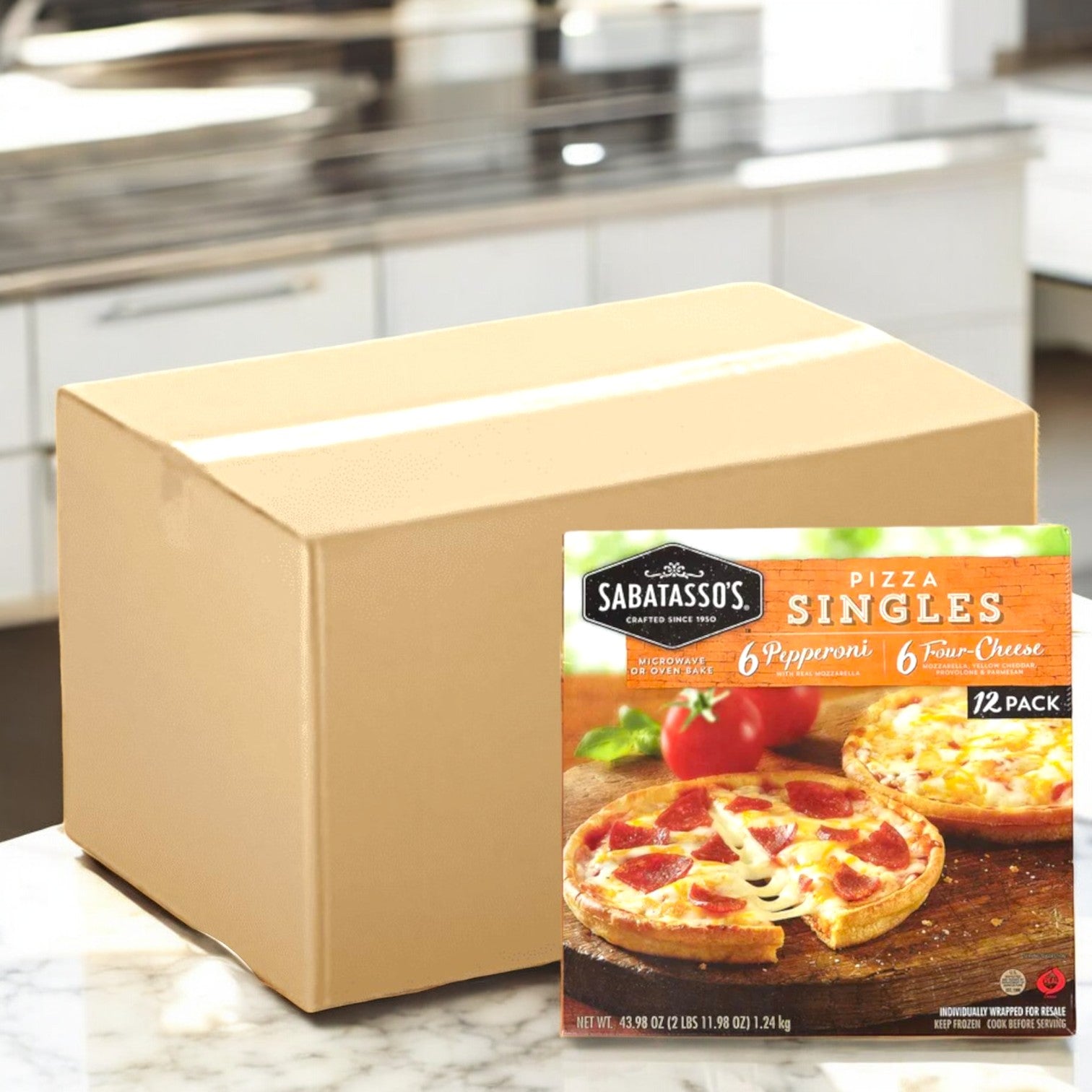A package of Sabatasso's Pizza Singles, offering single-serve convenience with 48 total pizzas—split between pepperoni and four-cheese varieties, sits on the kitchen counter alongside a cardboard box.