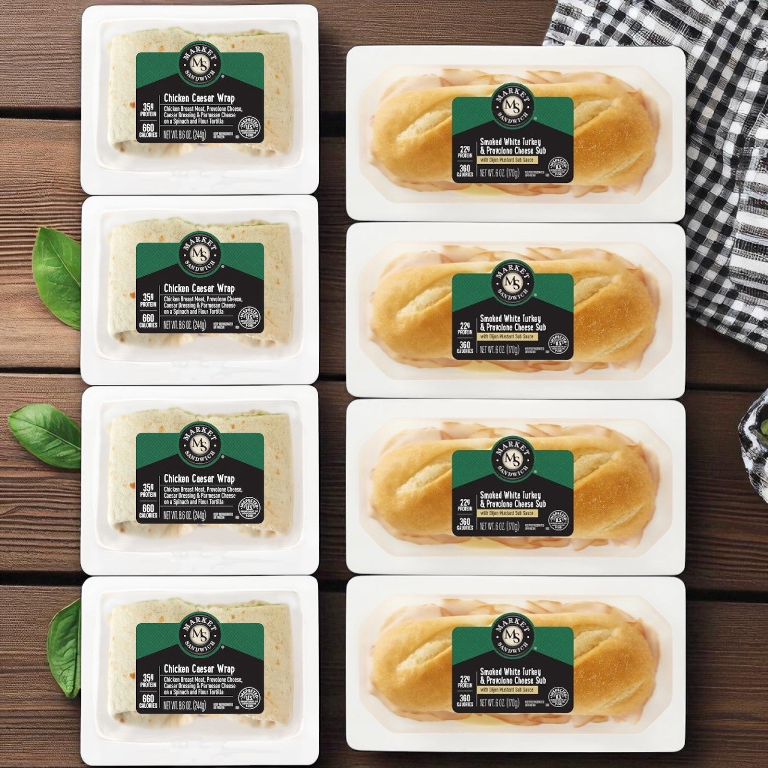 The E.A. Sween 8-Pack Market Sandwich Variety features four 8.6 oz Chicken Caesar Wraps and four 6 oz Turkey & Provolone Subs, conveniently packed for a fresh and satisfying combo.