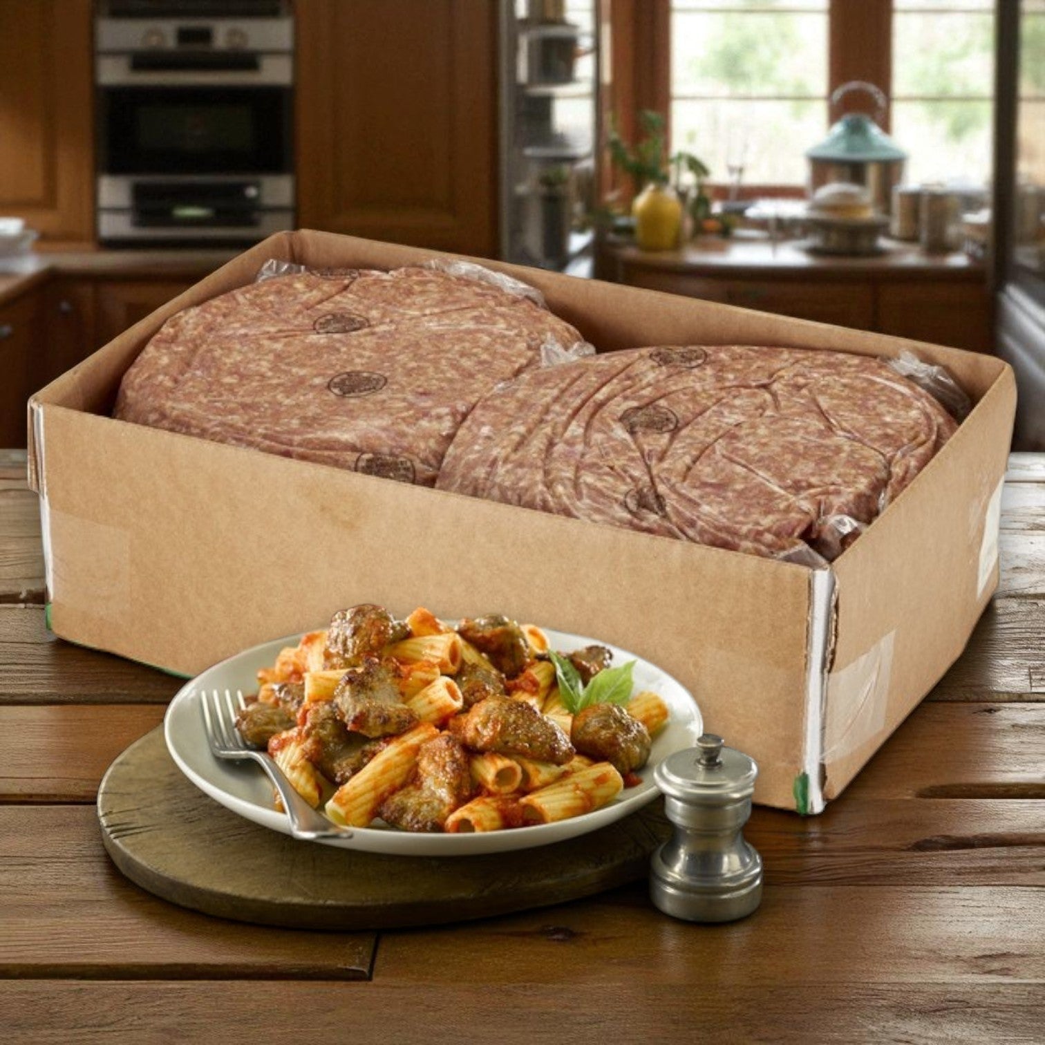 A box of frozen hamburger patties sits on a kitchen counter behind a plate of rigatoni pasta topped with meatballs made from Sysco Fontanini Mild Garlic Italian Pork Sausage – Raw Bulk 20 lbs. A small pepper grinder is nearby.