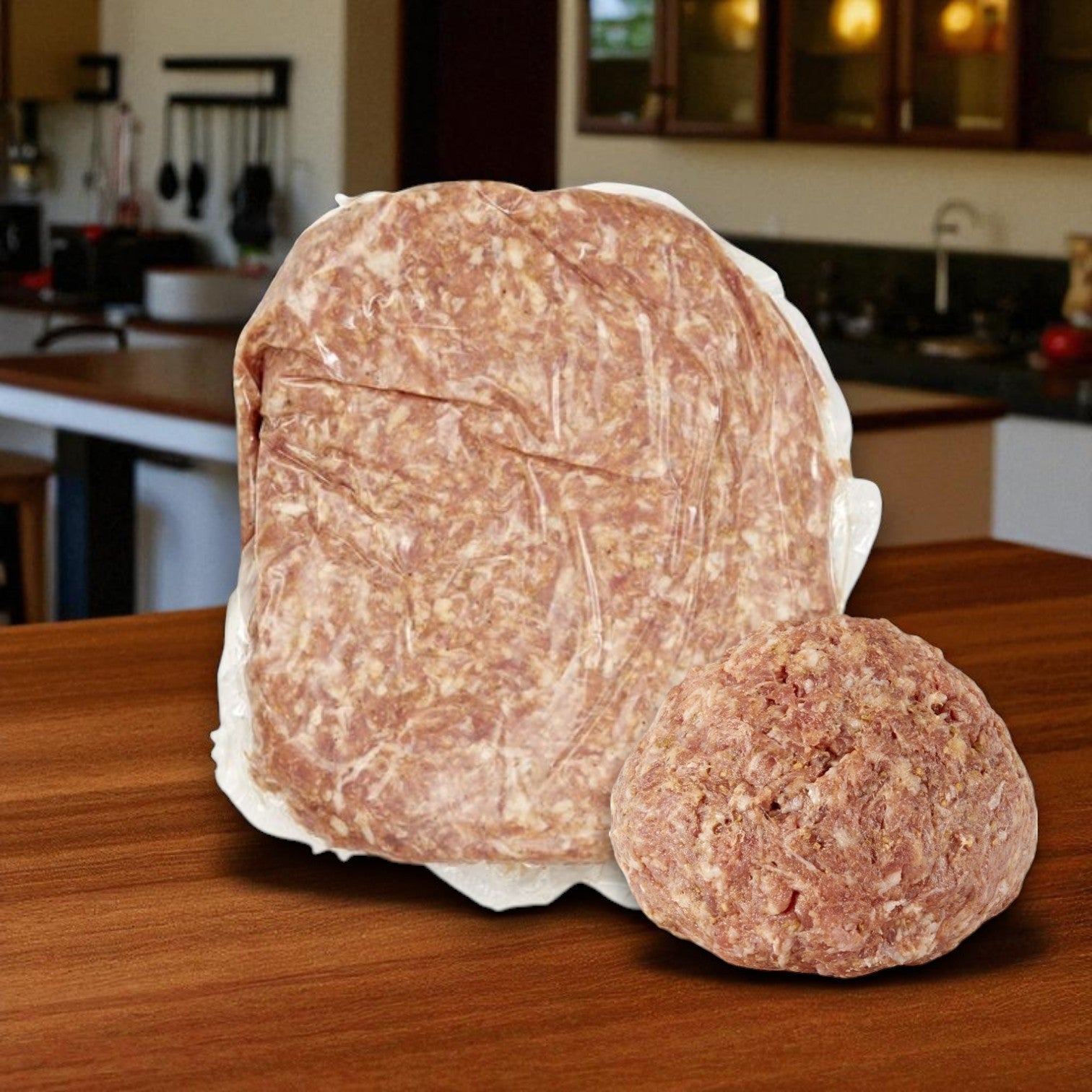Two portions of Sysco Fontanini Mild Garlic Italian Pork Sausage – Raw Bulk (20 lbs, 4 packs of 5 lbs) are placed on a wooden kitchen counter, with a blurred kitchen background.