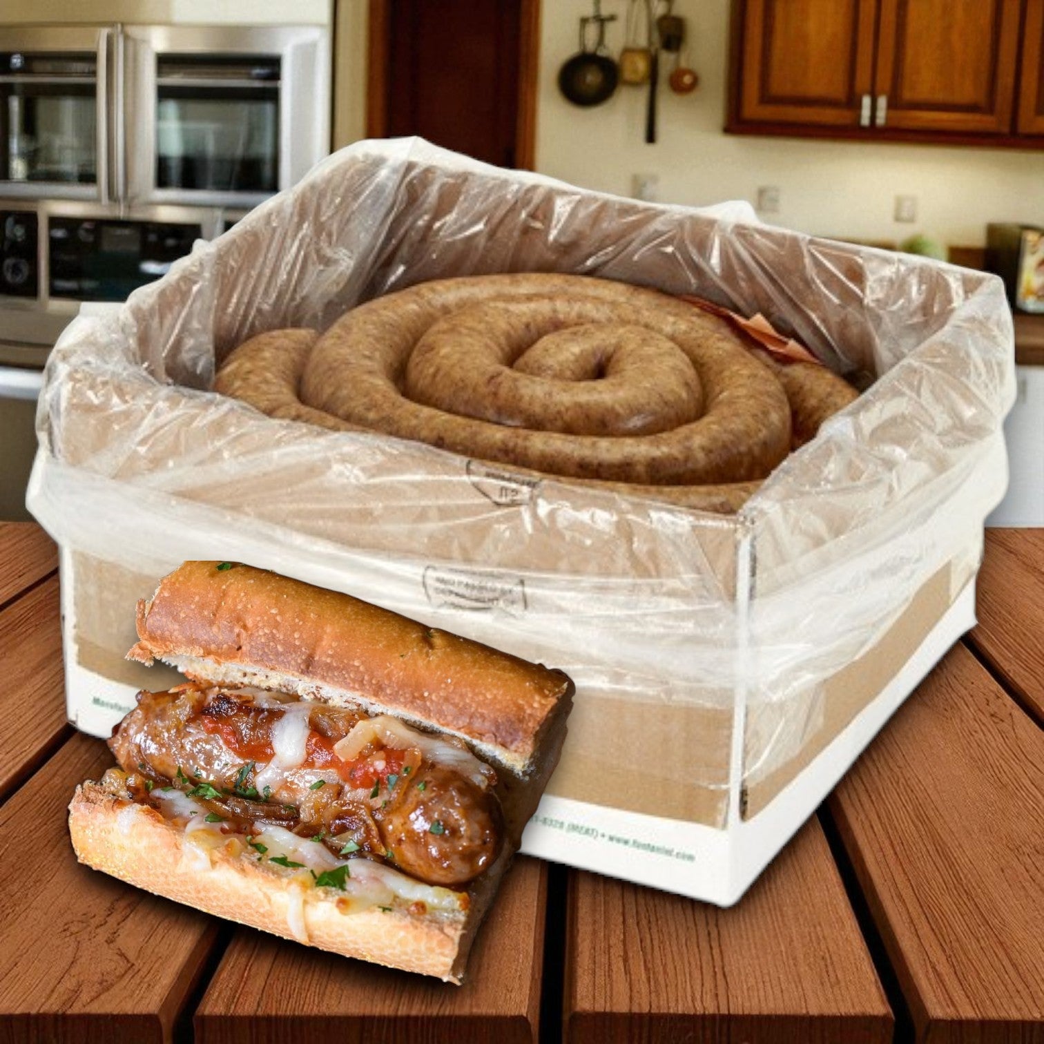 A large coil of Sysco Fontanini Mild Italian Rope Sausage – 12 lbs (2 packs of 6 lbs) rests in a plastic-lined box on the counter, with a cooked sausage sandwich displayed in front.