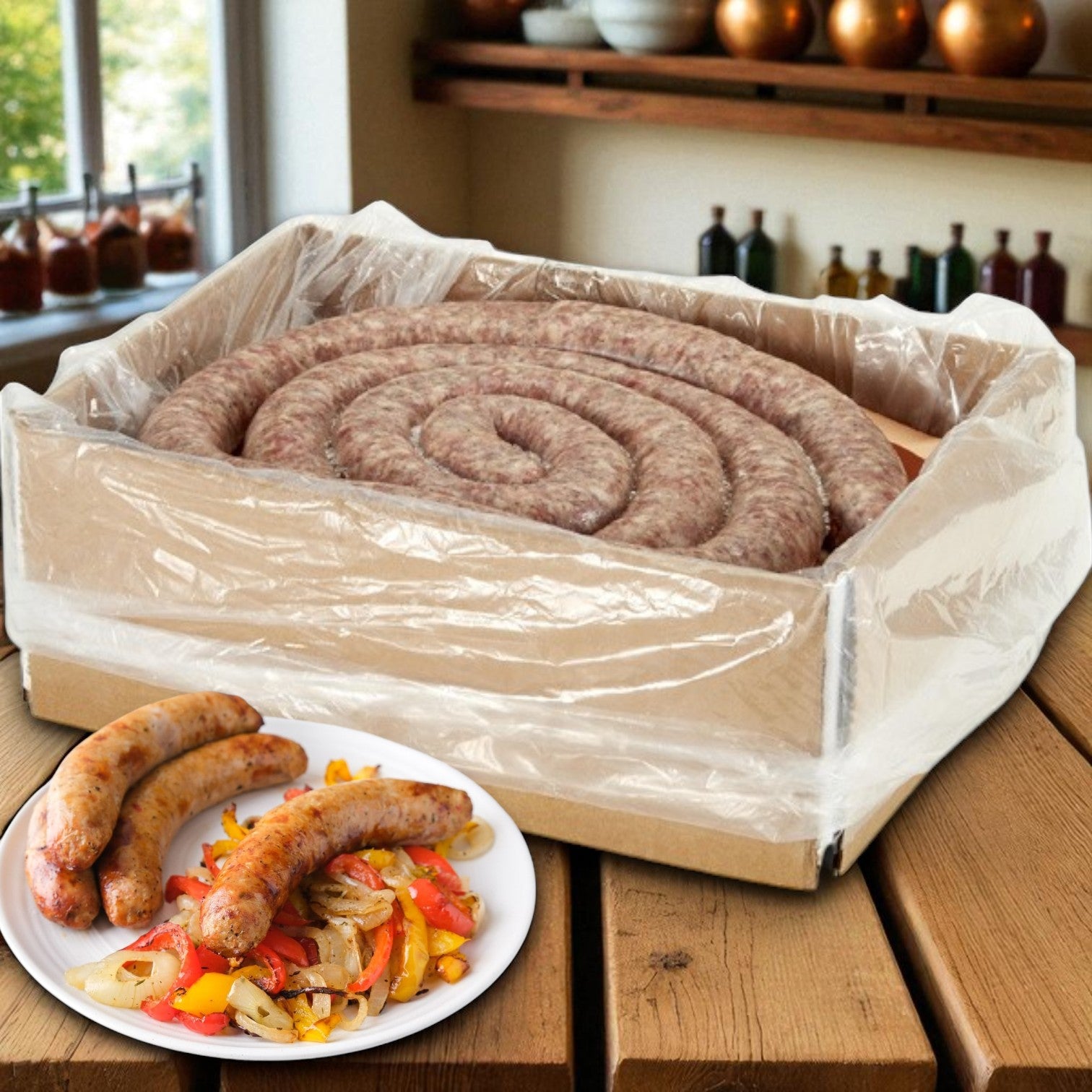 A coiled Sysco Fontanini Sweet Italian Rope Sausage – 10 lbs (1 Rope) sits in a plastic-lined box on a wooden table; in front, a plate displays cooked sweet Italian sausage with sautéed vegetables.