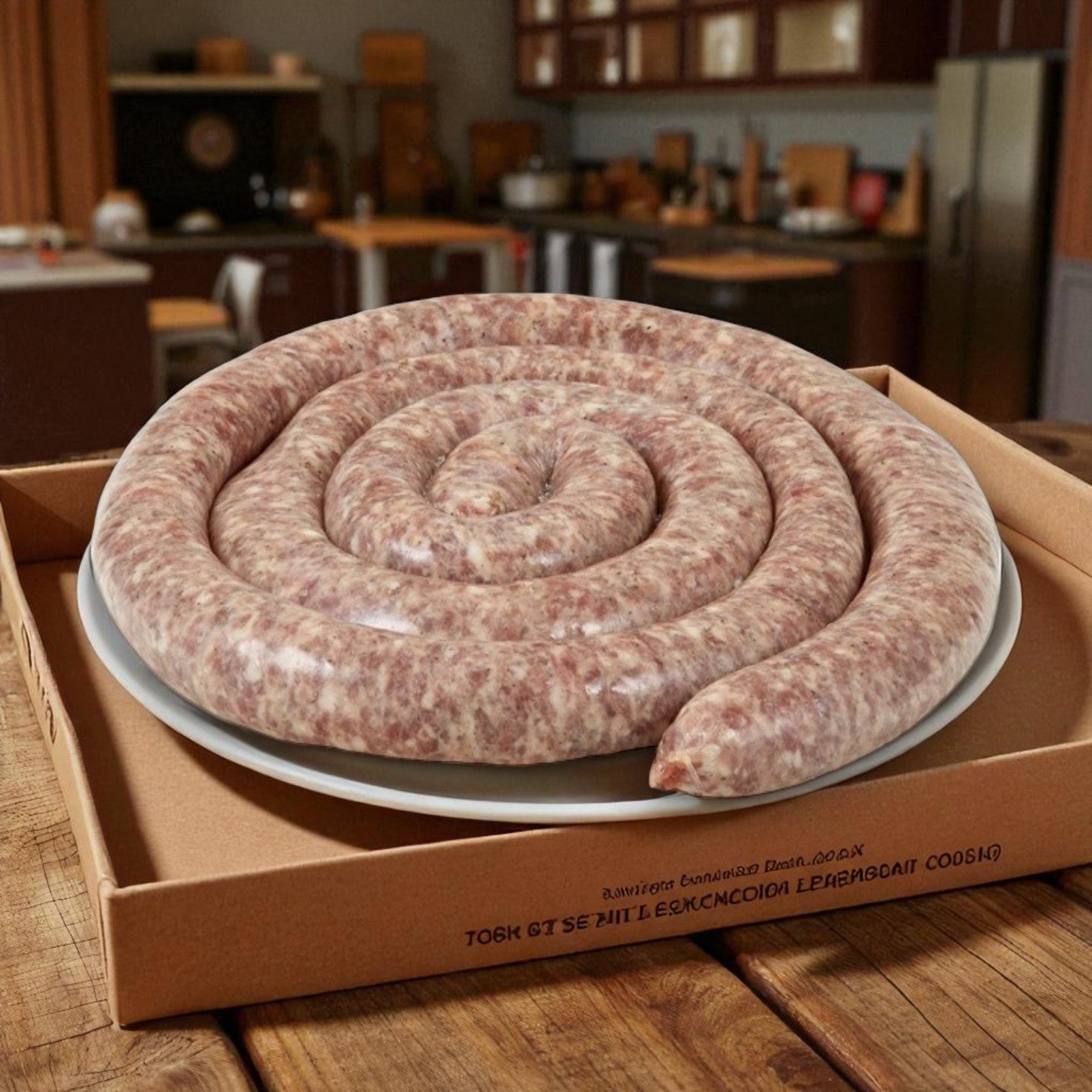 A large Fontanini Sweet Italian Rope Sausage – 10 lbs (1 Rope) by Sysco is displayed on a white plate inside a pizza box atop a wooden kitchen table.