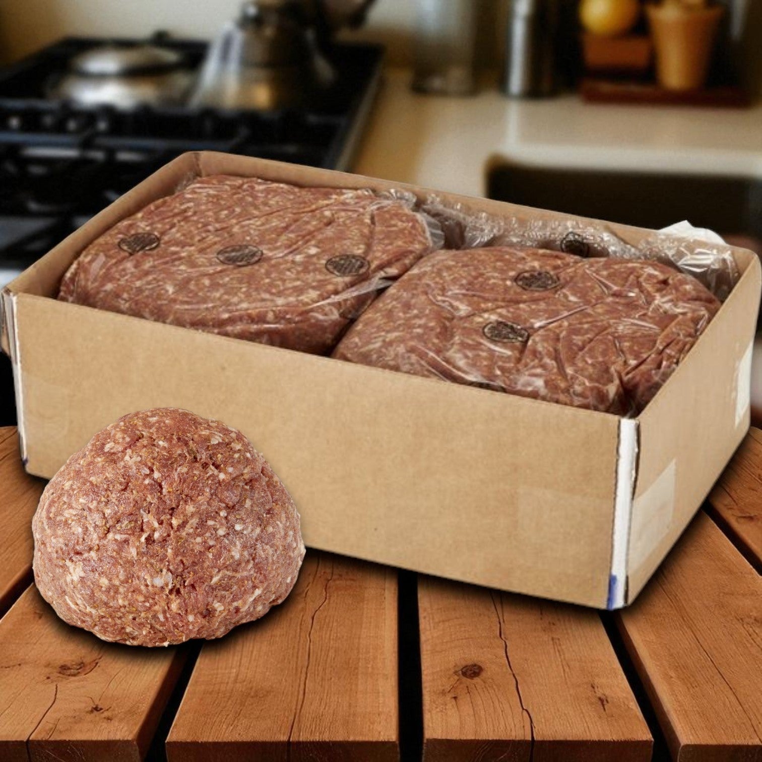 A Sysco Fontanini Mild Italian Pork Sausage – Raw Bulk 20 lbs (4 packs of 5 lbs) box sits on a wooden surface, with an unwrapped portion of uncooked sausage in front of it.