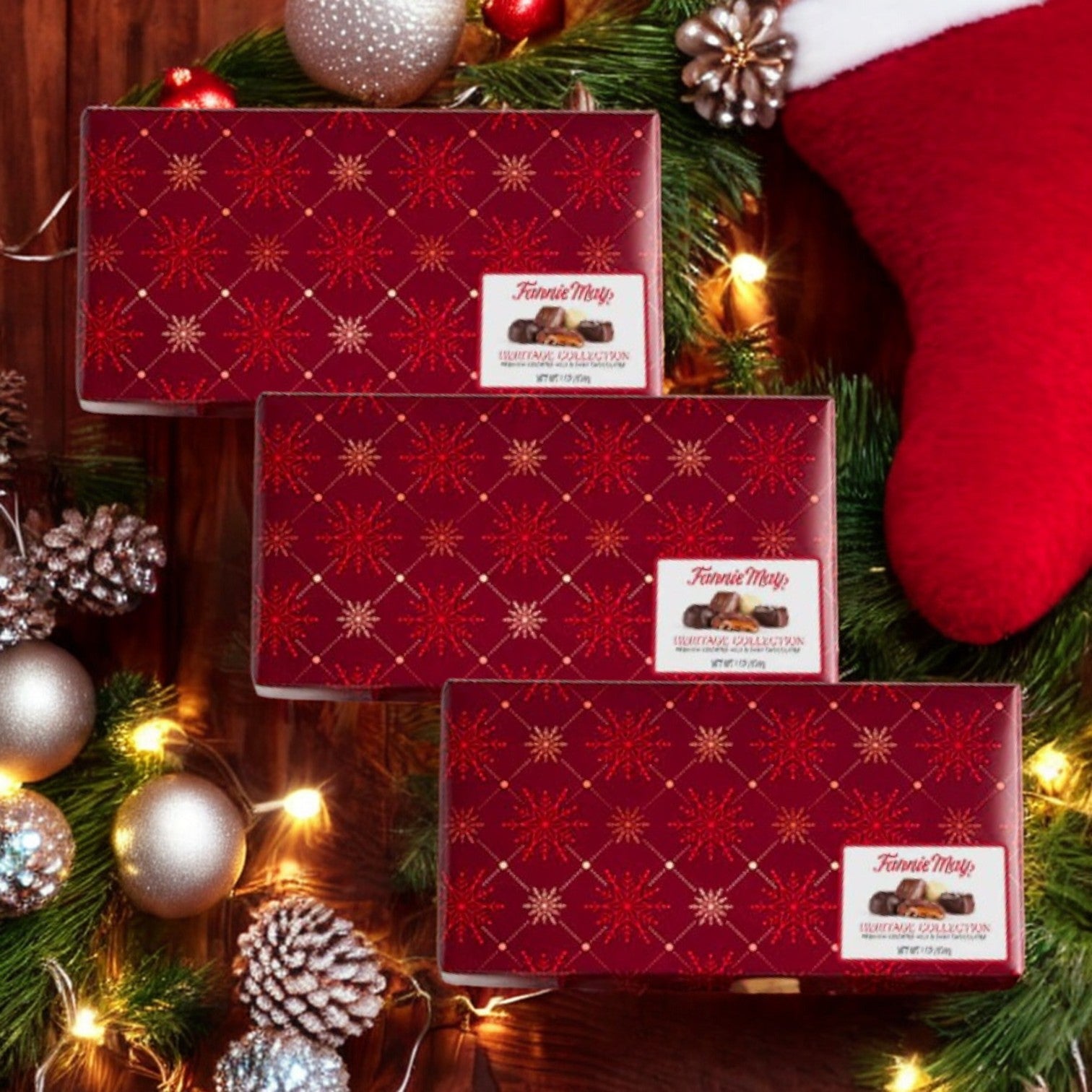 Three festive red boxes, each containing the Fannie May Heritage Collection premium 1lb chocolates with snowflake wrap, are displayed on a wooden surface. They're surrounded by pine cones, ornaments, and a red stocking—a perfect holiday gifting scene.