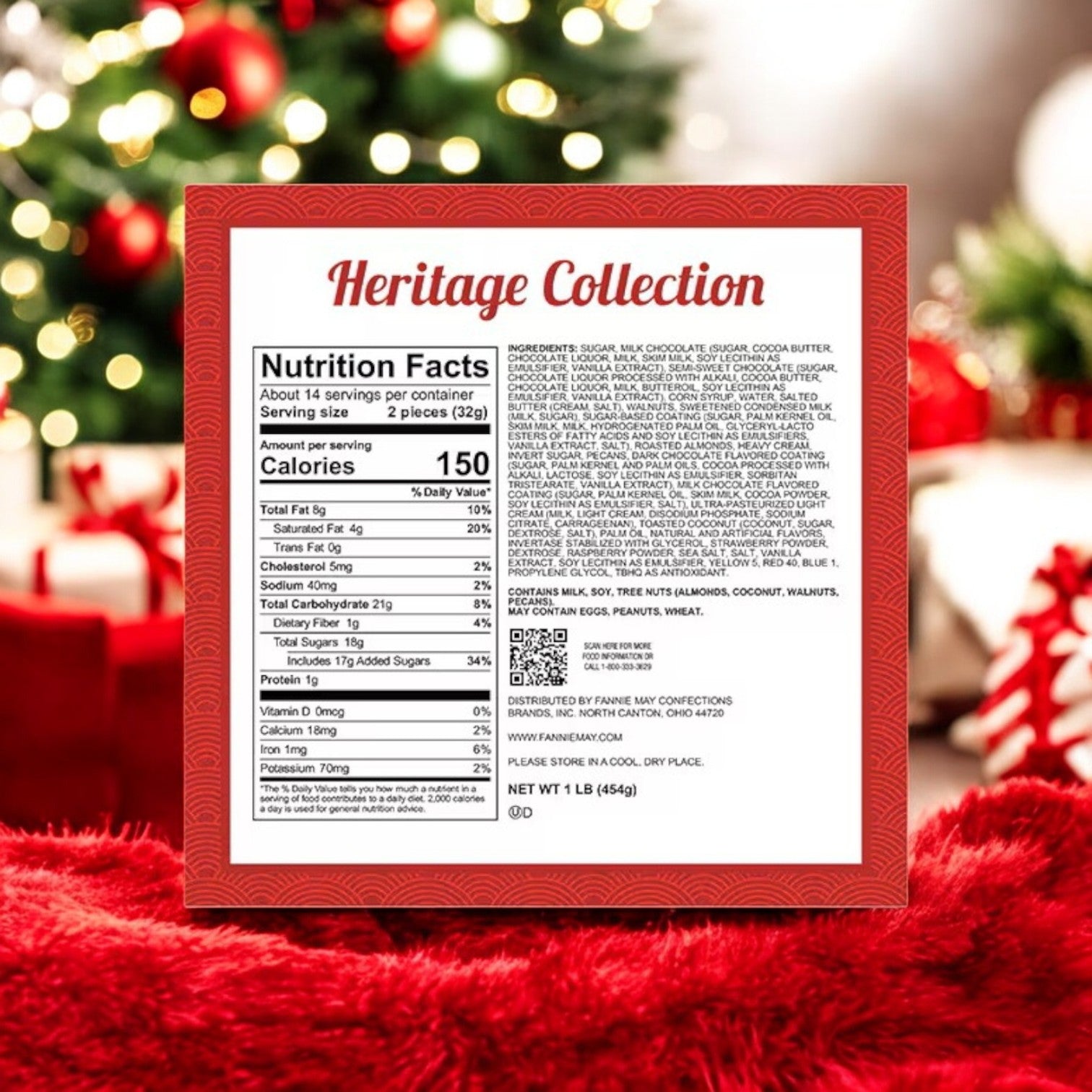 The "Fannie May, Heritage Collection" in festive snowflake wrap highlights nutrition facts. Ideal for holiday gifting, it features premium 1 lb chocolates with 14 servings per container and 150 calories each. Available in a convenient pack of three.