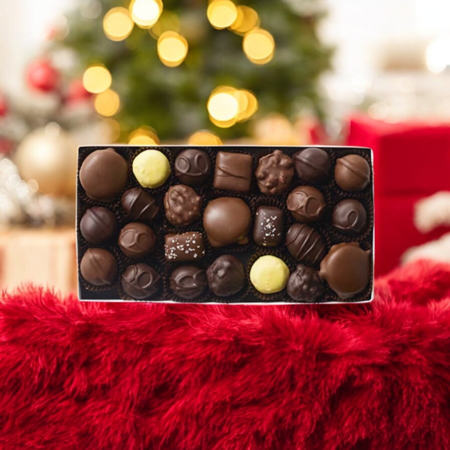 A box of Fannie May Heritage Collection chocolates from the Snowflake Wrap 1lb pack is showcased on a red fuzzy surface, with a blurred Christmas tree and decorations in the background—ideal for holiday gifting.