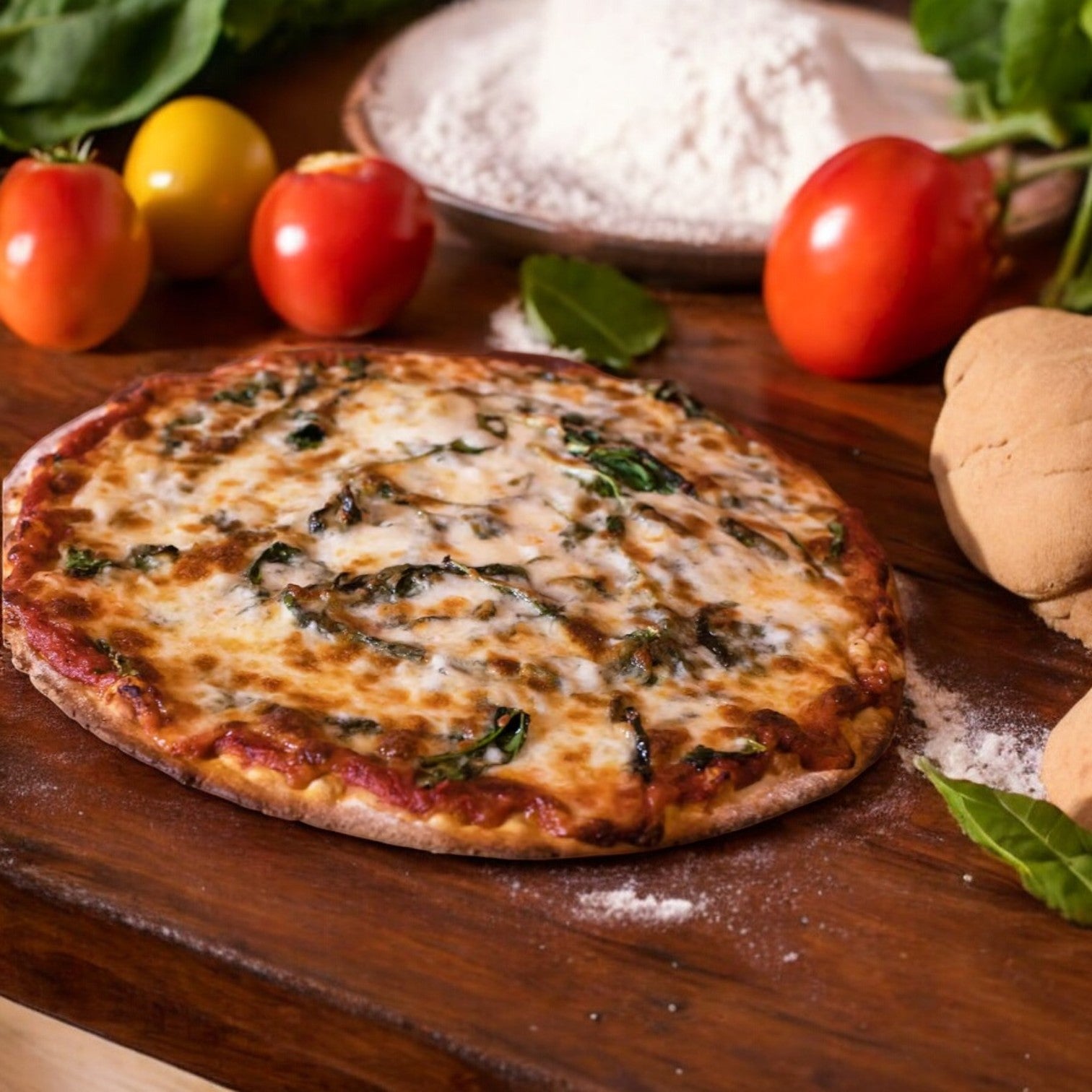 Bartolini's Spinach Thin Crust Pizza - 1 Count by Bartolini's features a crispy thin crust with cheese and spinach, displayed on a wooden board alongside tomatoes, dough, flour, and green leaves.