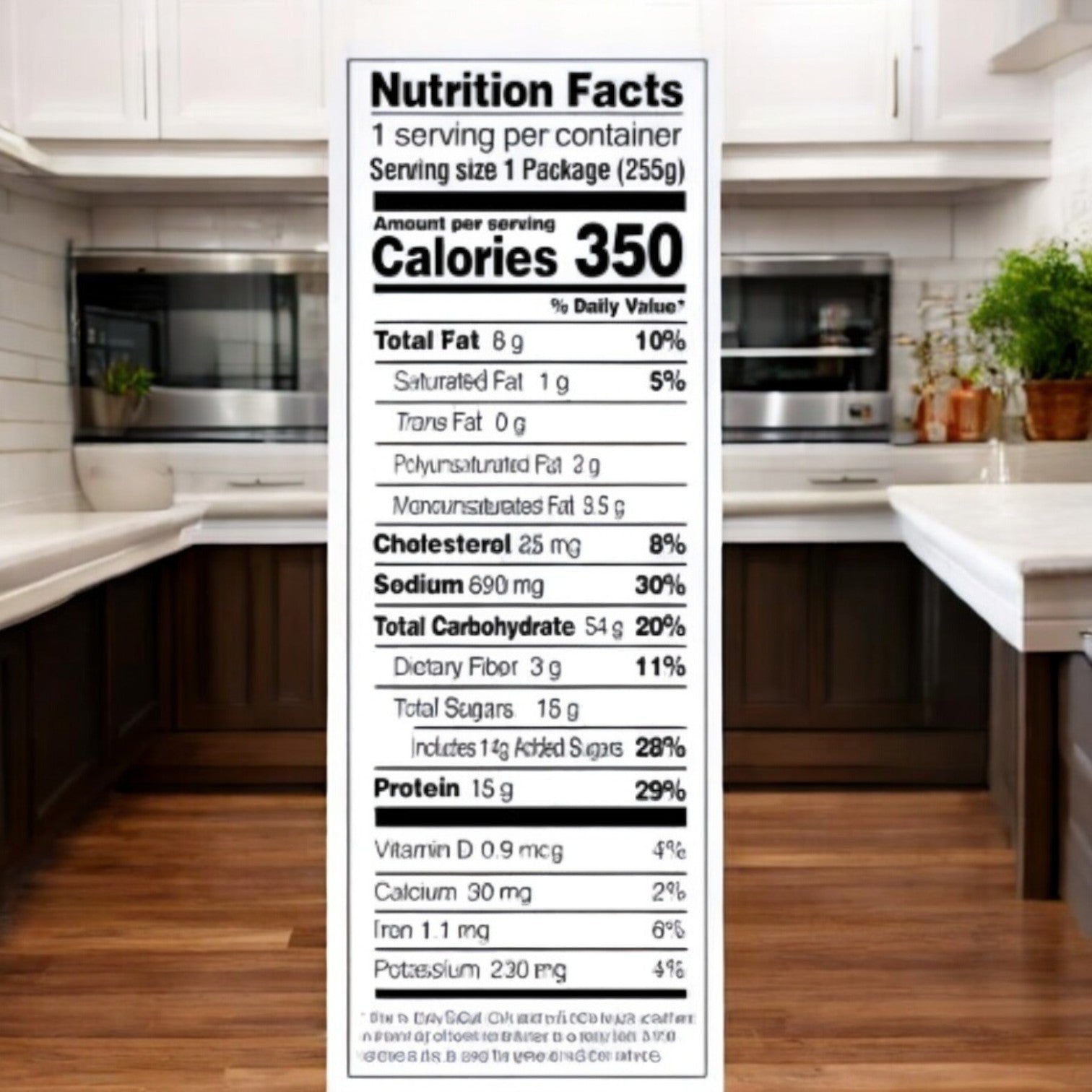 A Lean Cuisine Sesame Chicken-9 Oz frozen meal nutrition label shows 350 calories, 8g fat, 54g carbs, and 15g protein per serving, with other nutrients visible and a modern kitchen in the background.