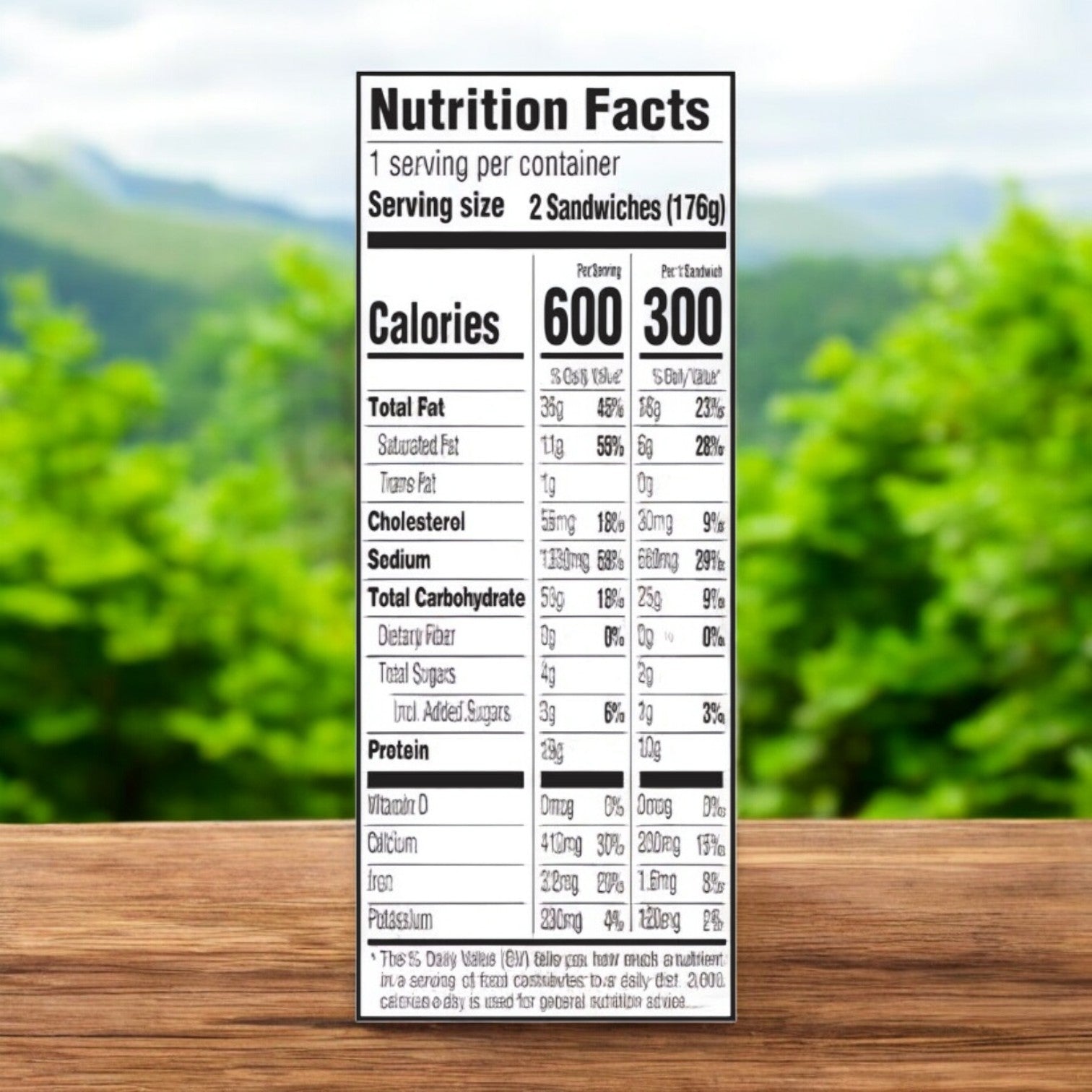 The Lunchables Pepperoni Frozen Grilled Cheesies pack, offering details per sandwich and two sandwiches, shows 300 and 600 calories respectively, covering fats, carbohydrates, and protein. Set against greenery, it's ideal for those seeking quick meals.
