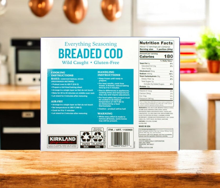 A 2.5 lb box of Kirkland Signature Gluten Free Everything Cod, wild caught and seasoned, includes cooking instructions, handling guidelines, and nutrition facts on the back.