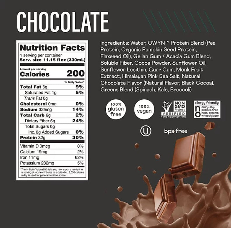 OWYN Pro Elite 32g Keto Plant Protein Shake, Chocolate, 15 Pack- 1 Case