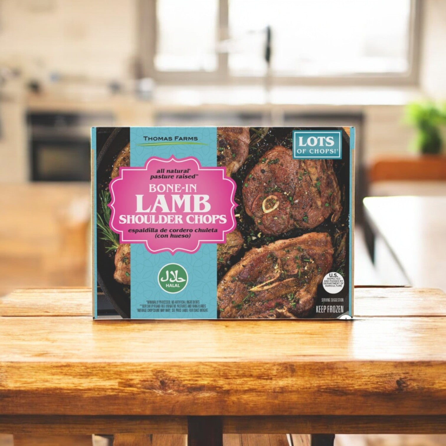 A box of Thomas Farms 3-Pack Halal Meat Bundle is placed on a wooden table in a kitchen setting.