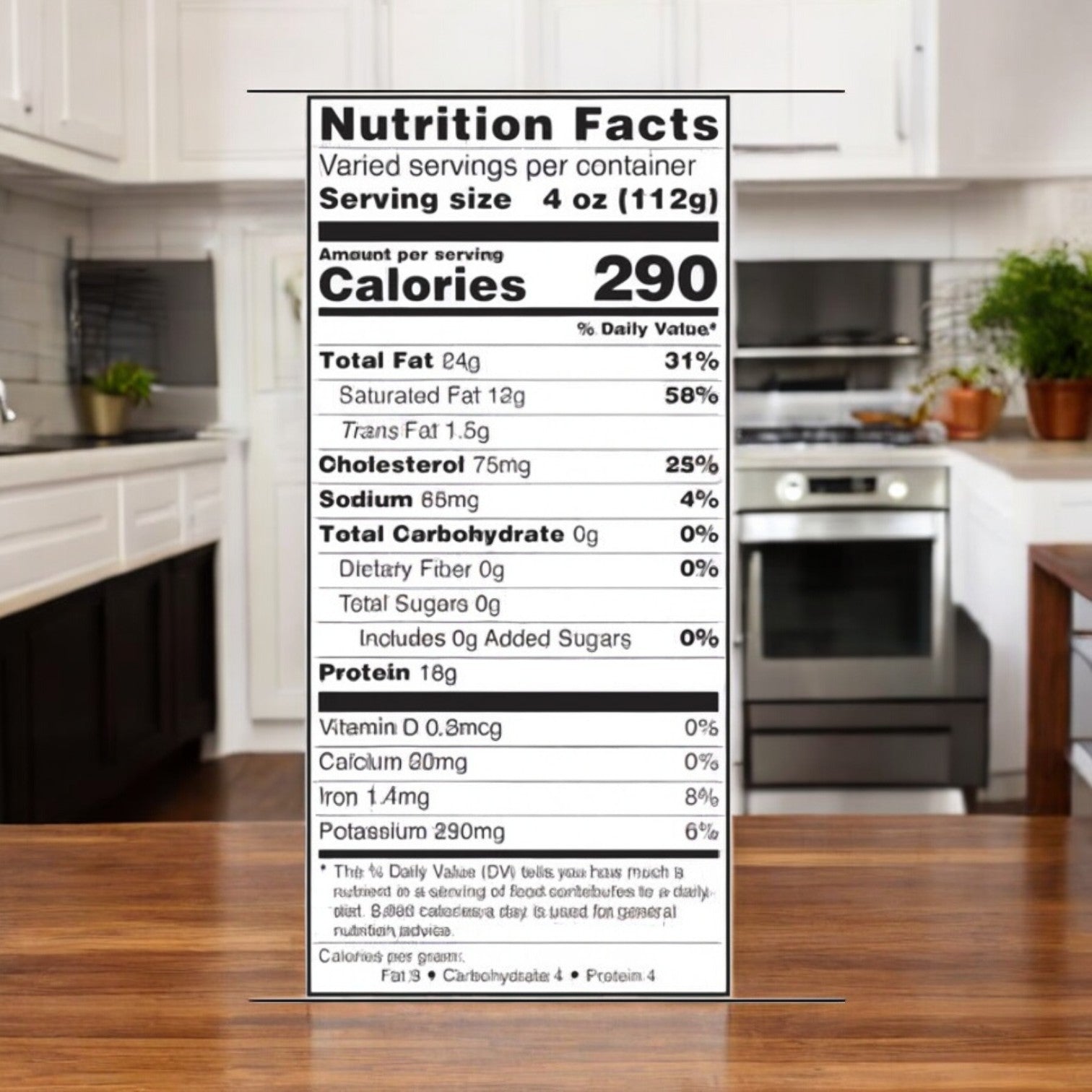 Nutrition facts label for Thomas Farms 3-Pack Halal Meat Bundle, listing 290 calories per 4 oz (112g) serving, with details on fat, cholesterol, sodium, carbs, protein, vitamins, iron, and potassium shown in a kitchen setting.