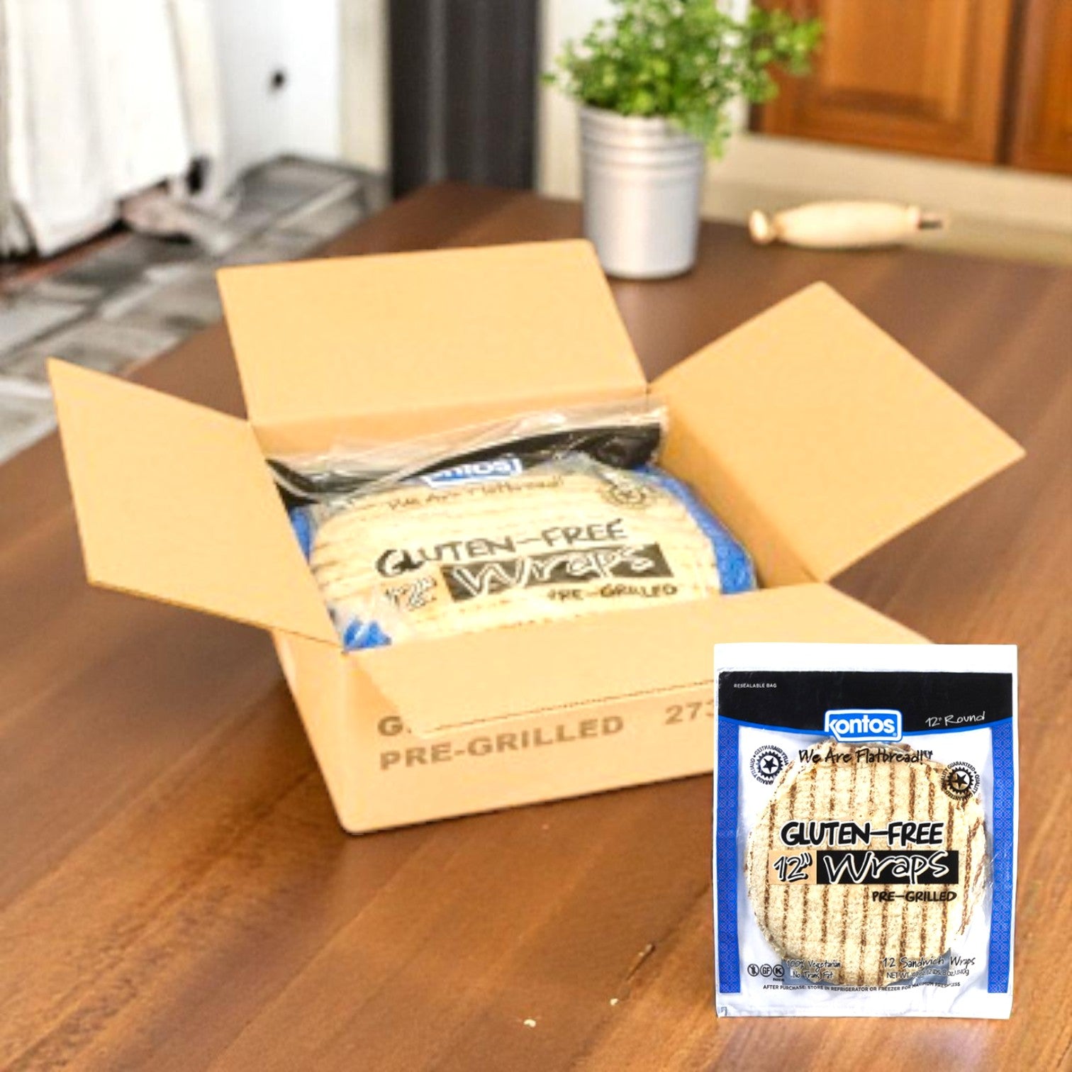 An open cardboard box with Easy Lunches Kontos Tortilla Wrap Gluten Free Rice Flour 12 Inch Grilled (6 packs, 72 wraps) sits on a wooden table; a close-up of the packaging appears in the corner.