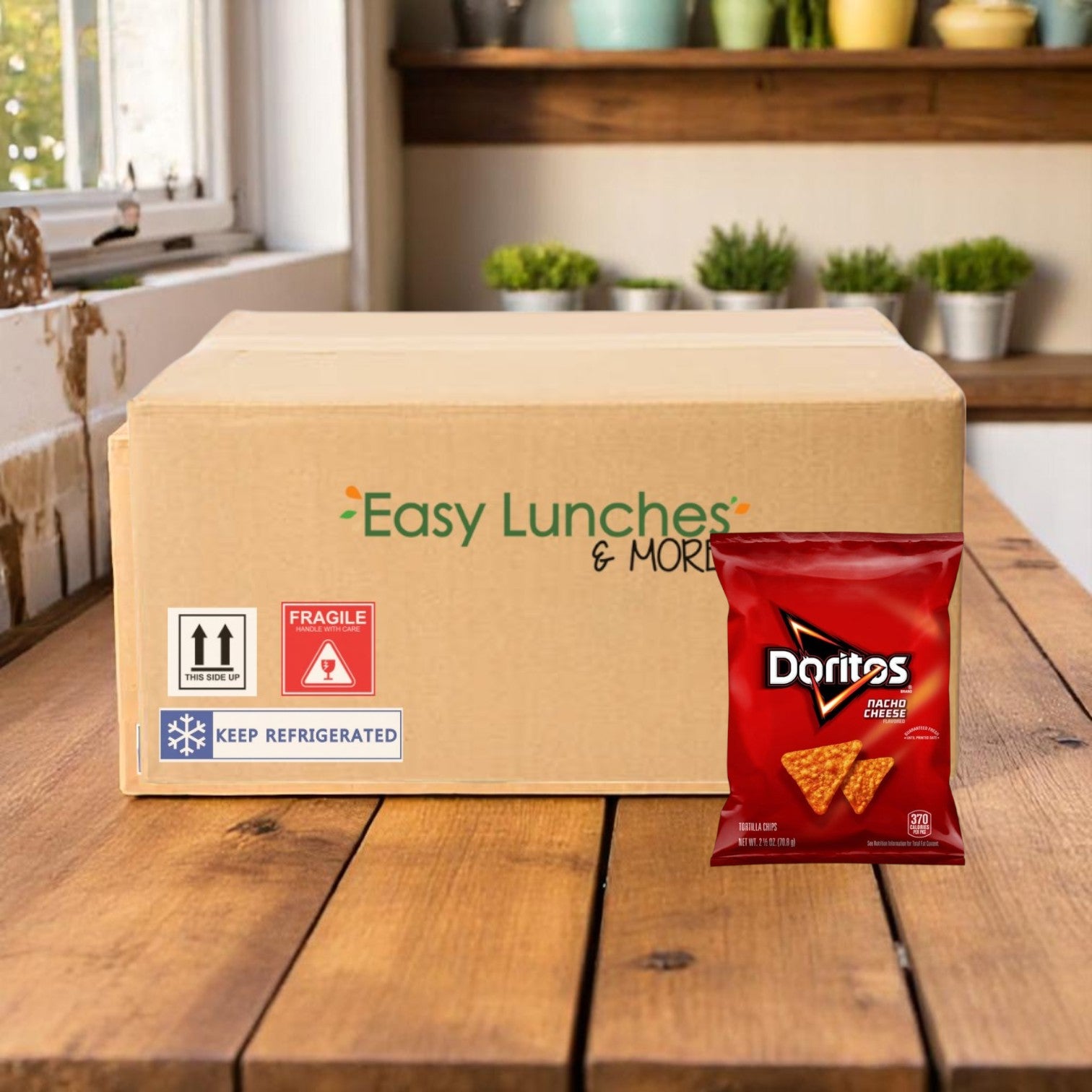A cardboard box labeled "Easy Lunches & More" sits on a kitchen counter with a bag of Doritos Nacho Cheese—2.5 oz from the 24-count case—displayed in front, making for a perfect single-serving snack.