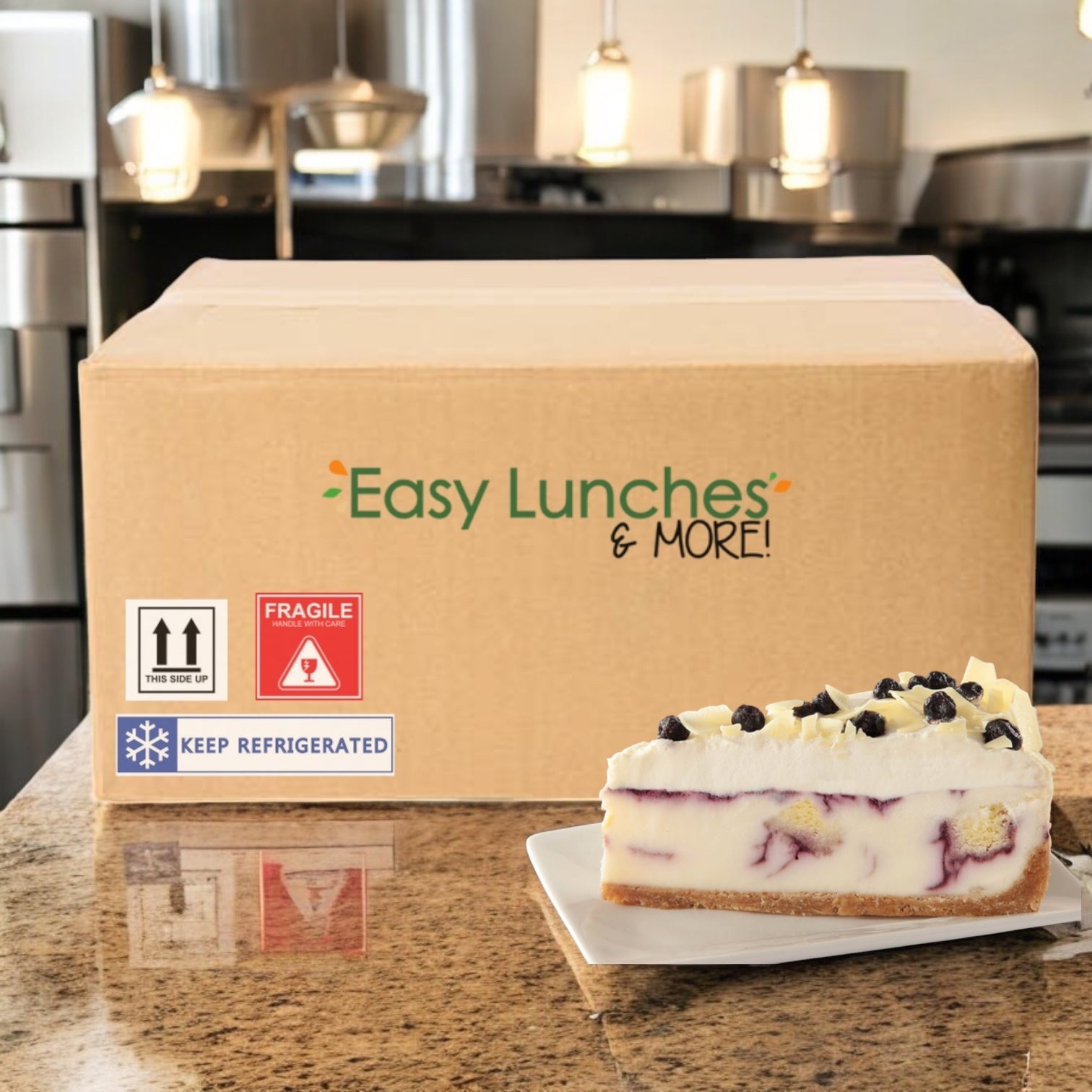 A Sweet Street Blueberry White Chocolate Cheese Brulée box sits on the kitchen counter, with a slice of the gourmet dessert ready to serve on a white plate in the foreground.