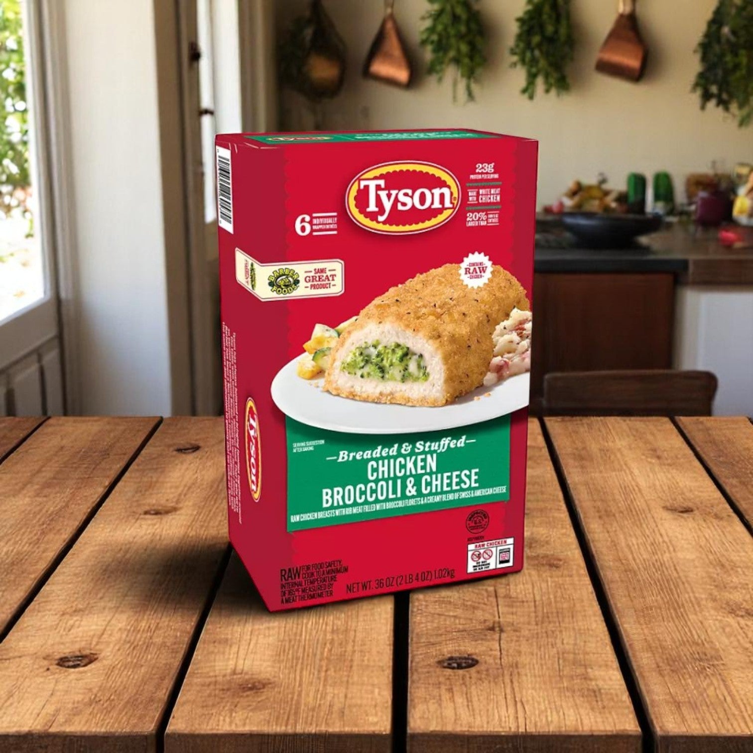 A bag of Tyson Panko Chicken Nuggets, 5 lbs, is placed on a wooden table in a kitchen setting.