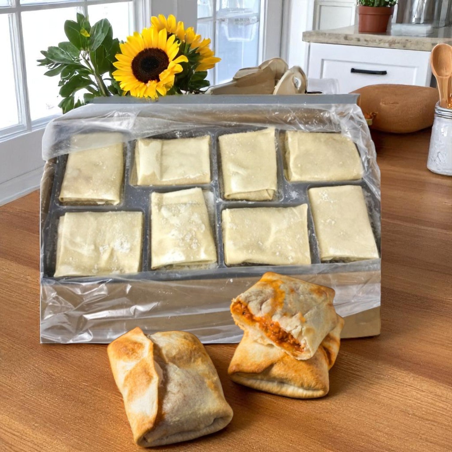 A tray of nine unbaked The Original Pizza Puff Sausage & Cheese Pizza Puffs from the Iltaco 48 Pack (6 oz each) is displayed behind three baked puffs on a wooden countertop, with a sunflower in a vase adding a cheerful touch.