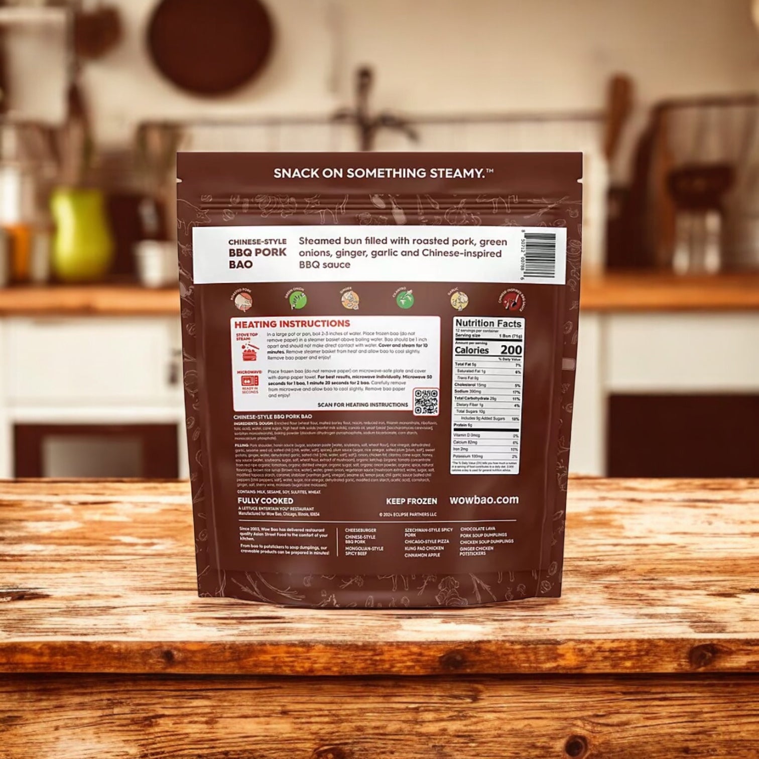 A bag of Easy Lunches Wow Bao Chinese-Style BBQ Pork Bao Buns, Frozen, 30 oz 3 Count, sits on the kitchen counter showing heating instructions and nutrition facts for these tasty steamed buns filled with BBQ pork.