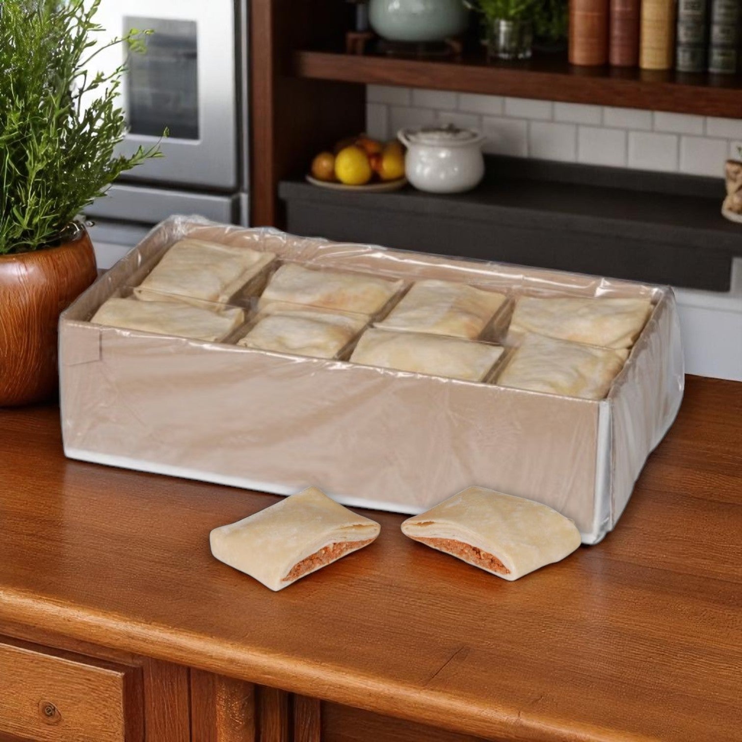 A box of The Original Pizza Puff Italco Pork Sausage Pizza Puffs – 6 oz (Frozen, 48 per Case) sits on a kitchen counter, with two puffs in front to highlight their convenient individual portions.