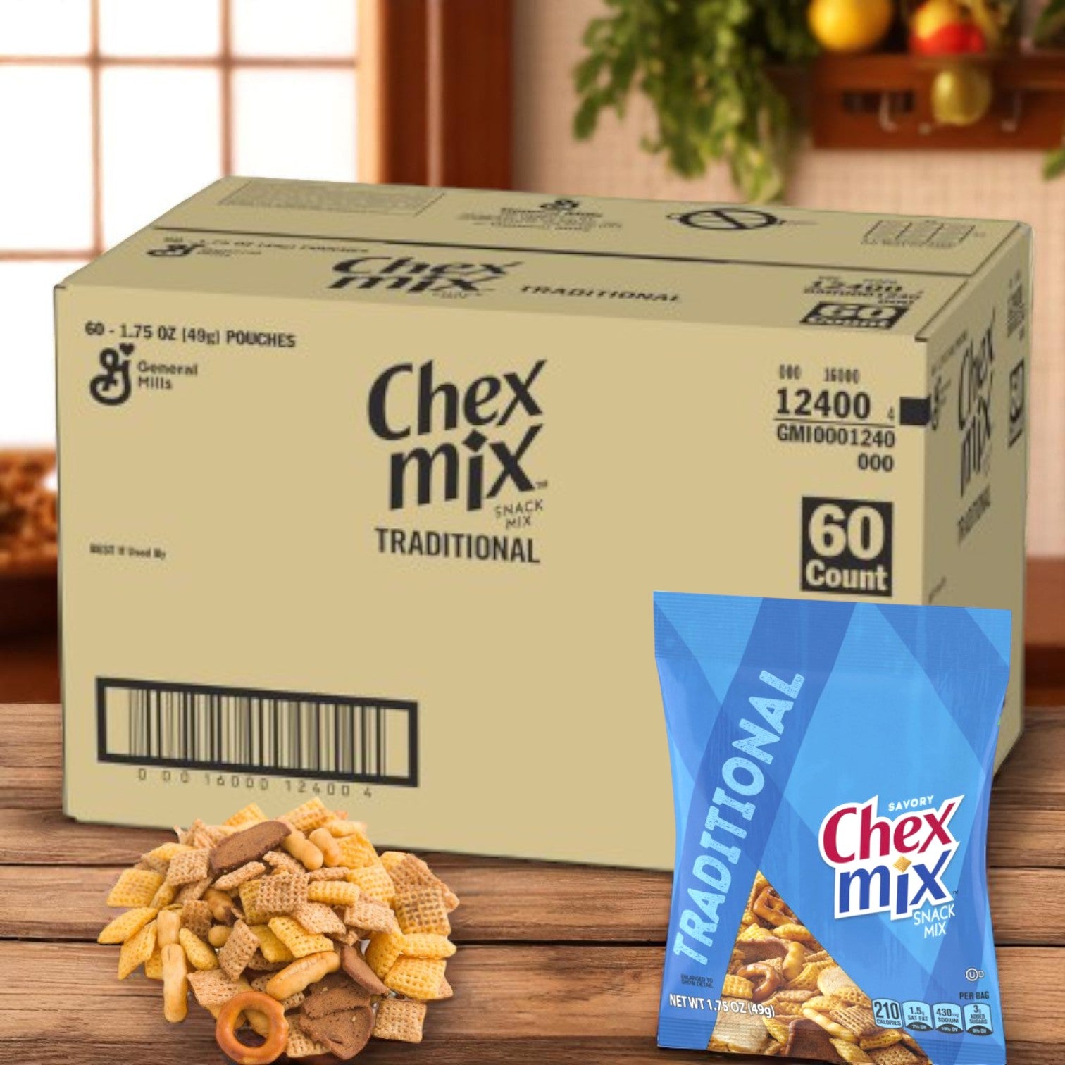 A case of Easy Lunches Chex Mix Snack Traditional Flavor, 60 count (1.75 oz each), sits on a table with a blue grab-and-go pouch and a serving of the snack mix in front.