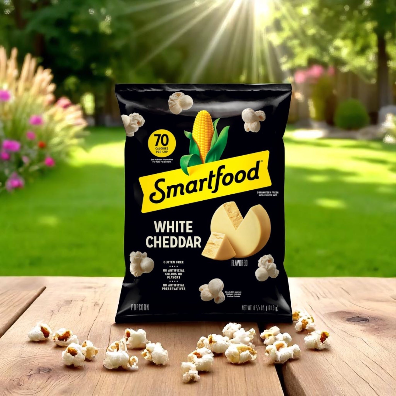 A 1 oz. pack of Easy Lunches Smart Food Popcorn Cheddar White sits on a wooden table outdoors with scattered popcorn and a garden behind it, making this single serving snack perfect for enjoying outside or on the go.